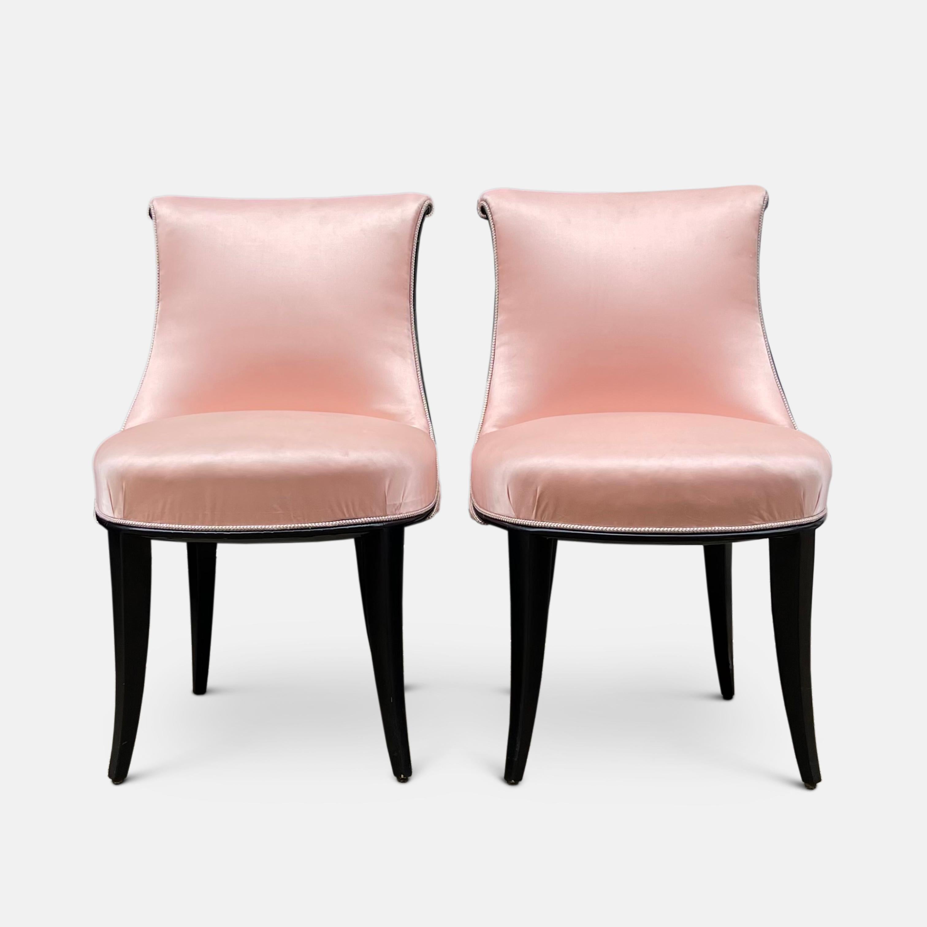 A pair of 1940’s French ebonised side chairs with an open pleated back finished in light pink satin and braid. 

Dimensions:H 77 cm height D 46cm, W 50cm, Seat Height 45 cm

Condition: In very good original state, very minor bowling to satin on one