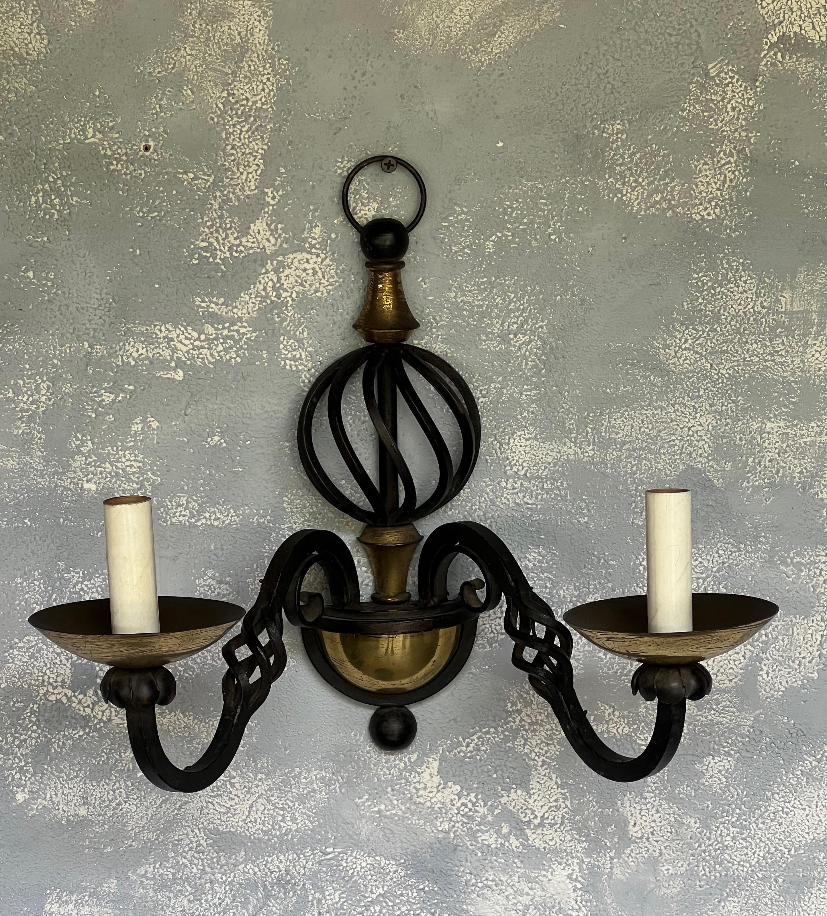 Pair of French 1940s Iron and Brass Sconces In Good Condition For Sale In Buchanan, NY