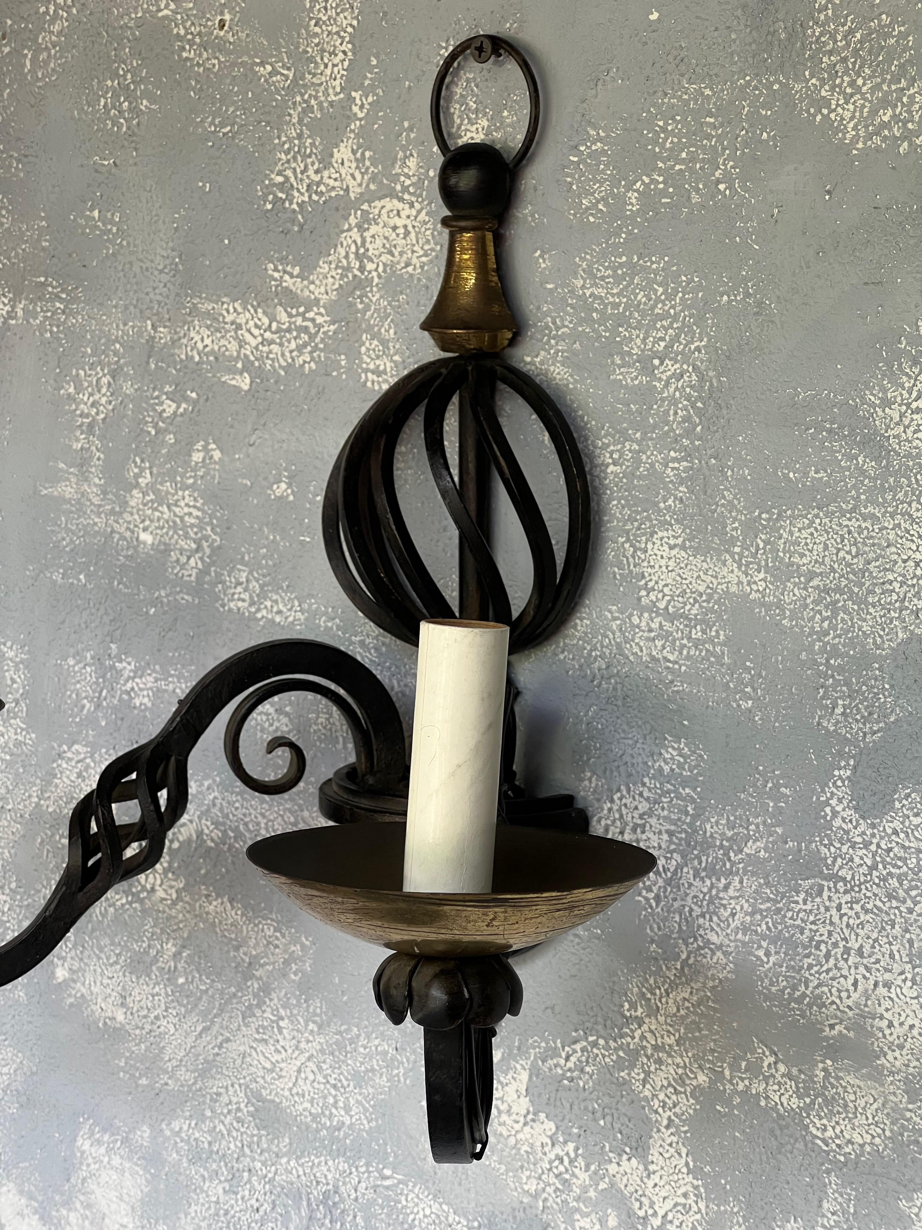 Pair of French 1940s Iron and Brass Sconces For Sale 8