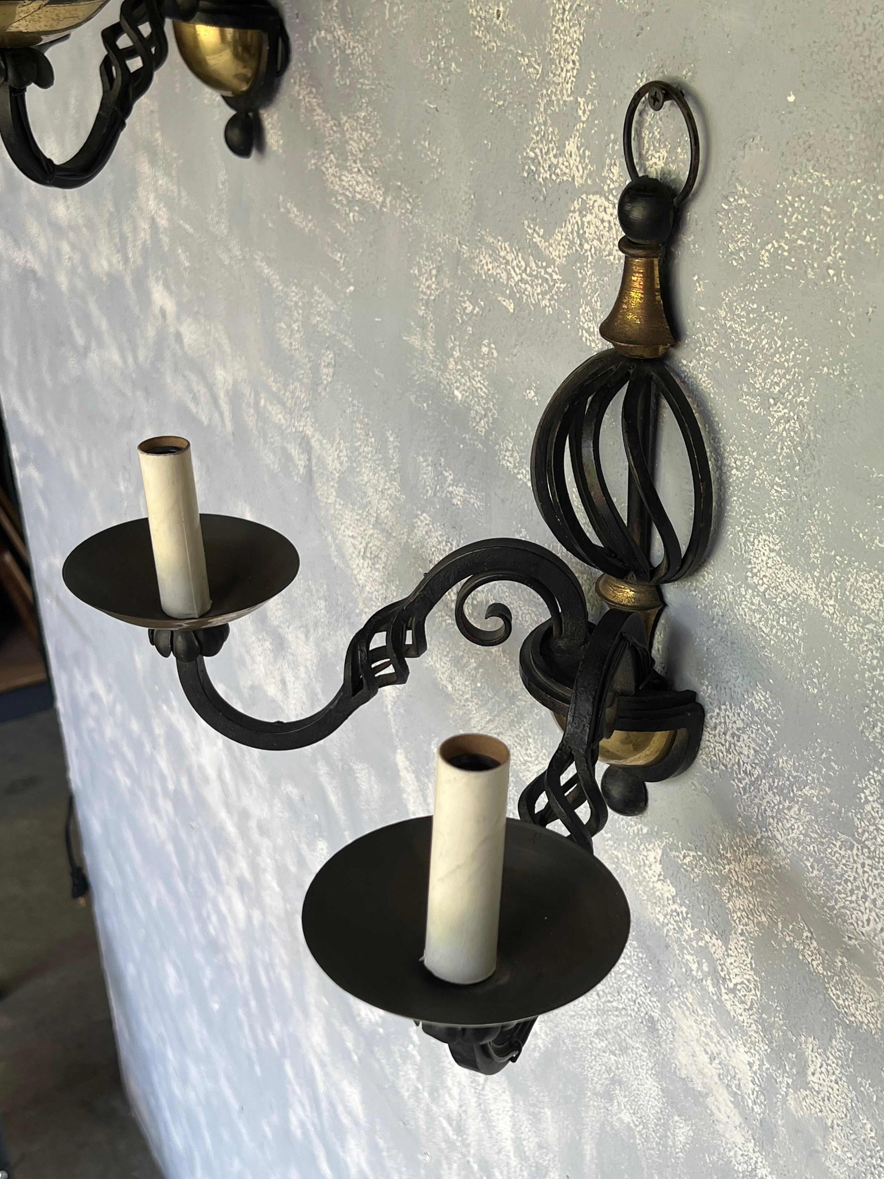 Pair of French 1940s Iron and Brass Sconces For Sale 9