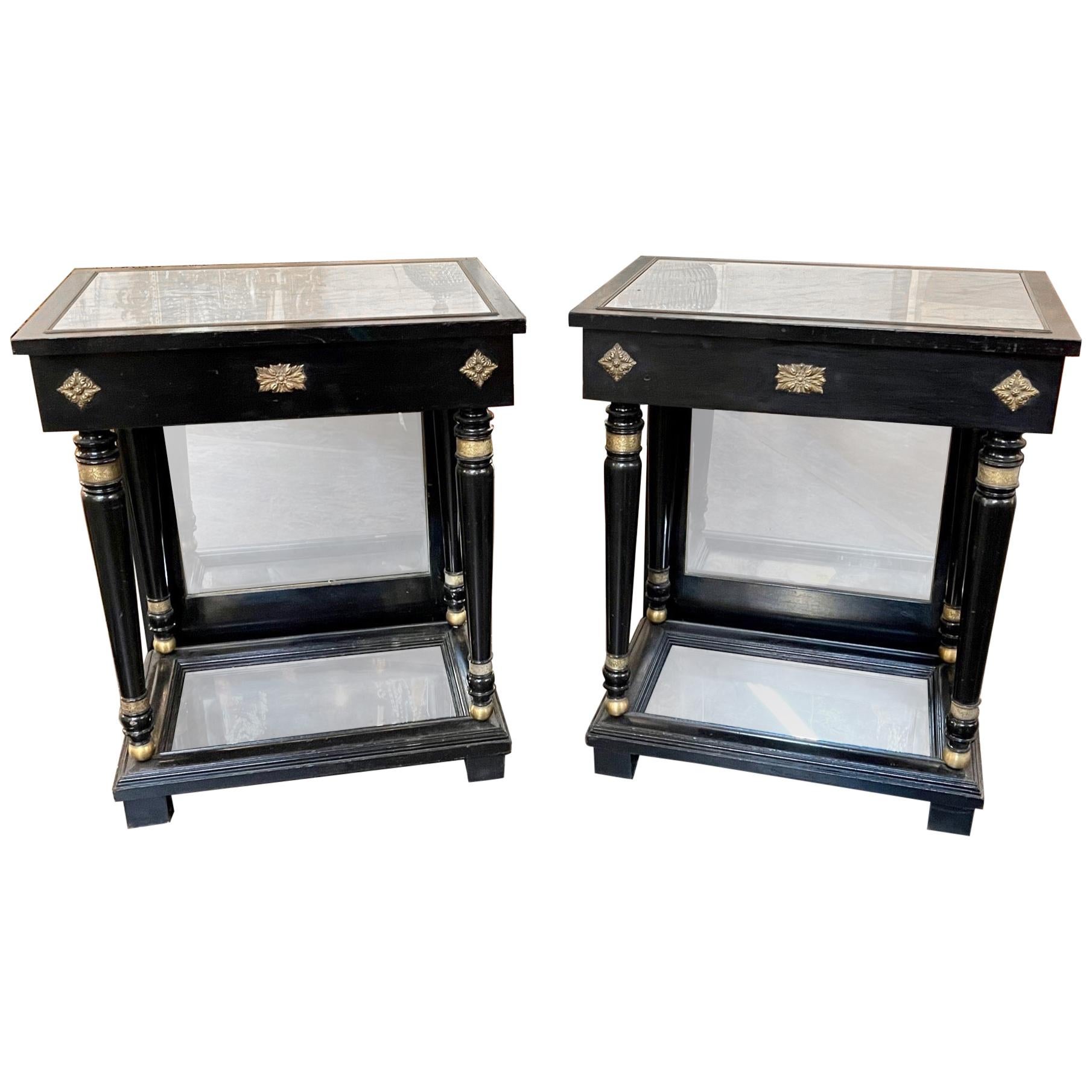 Pair of French 1940s Jansen Style Black Lacquered Side Tables