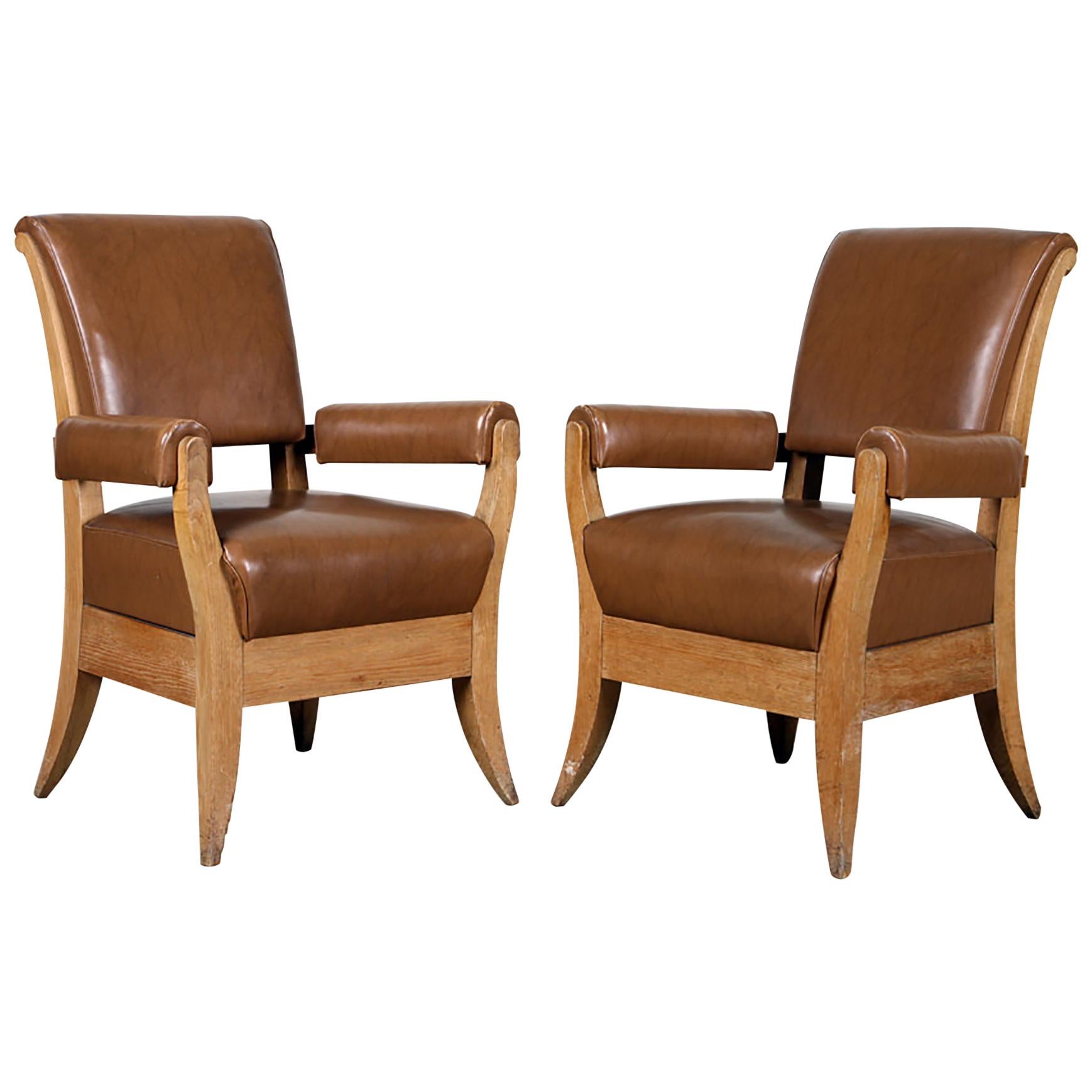 Pair of French 1940s Leather Upholstered Oak Armchairs