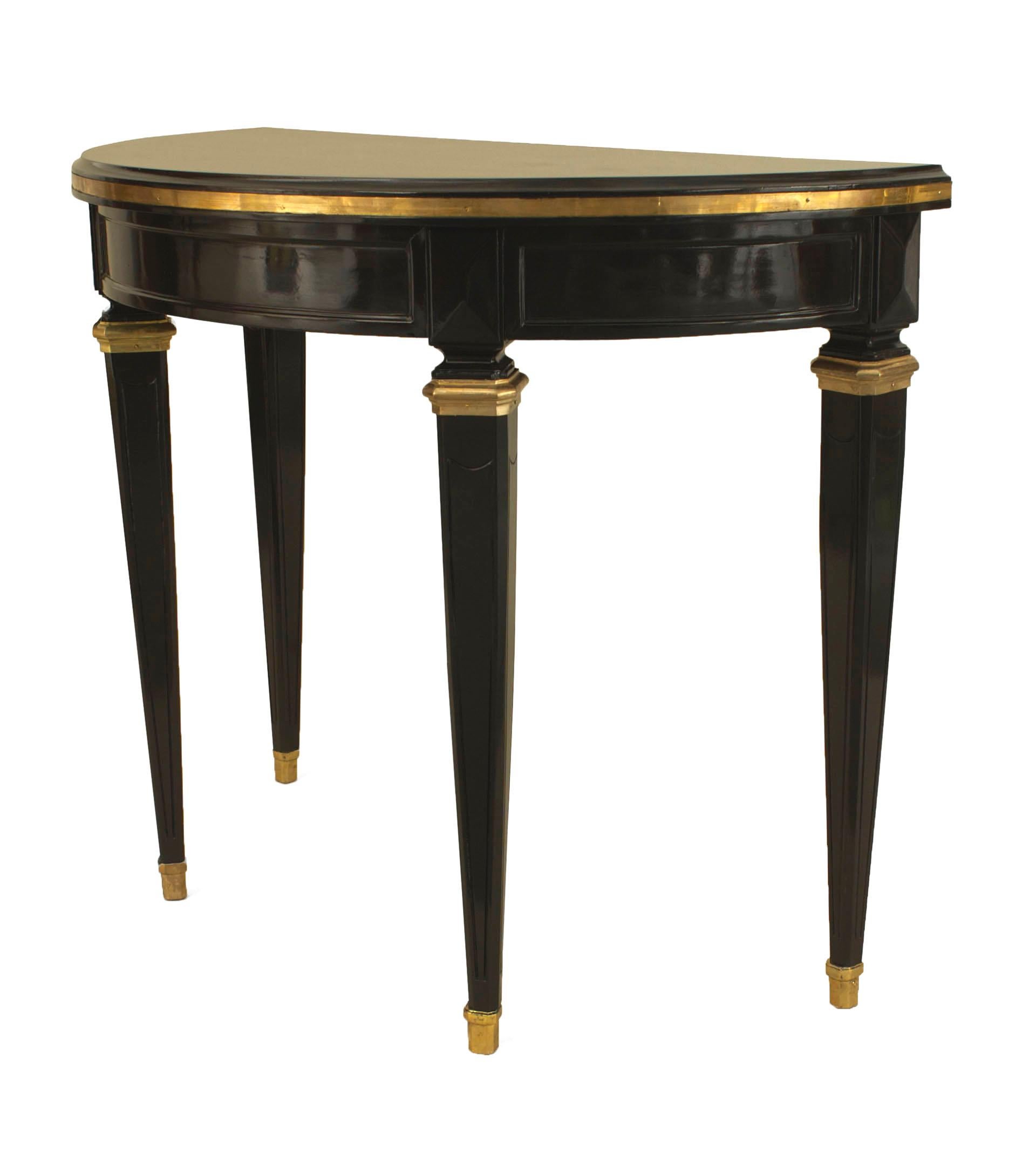 Pair of Jansen French Louis XVI Style Ebonized Demilune Console Tables In Good Condition For Sale In New York, NY