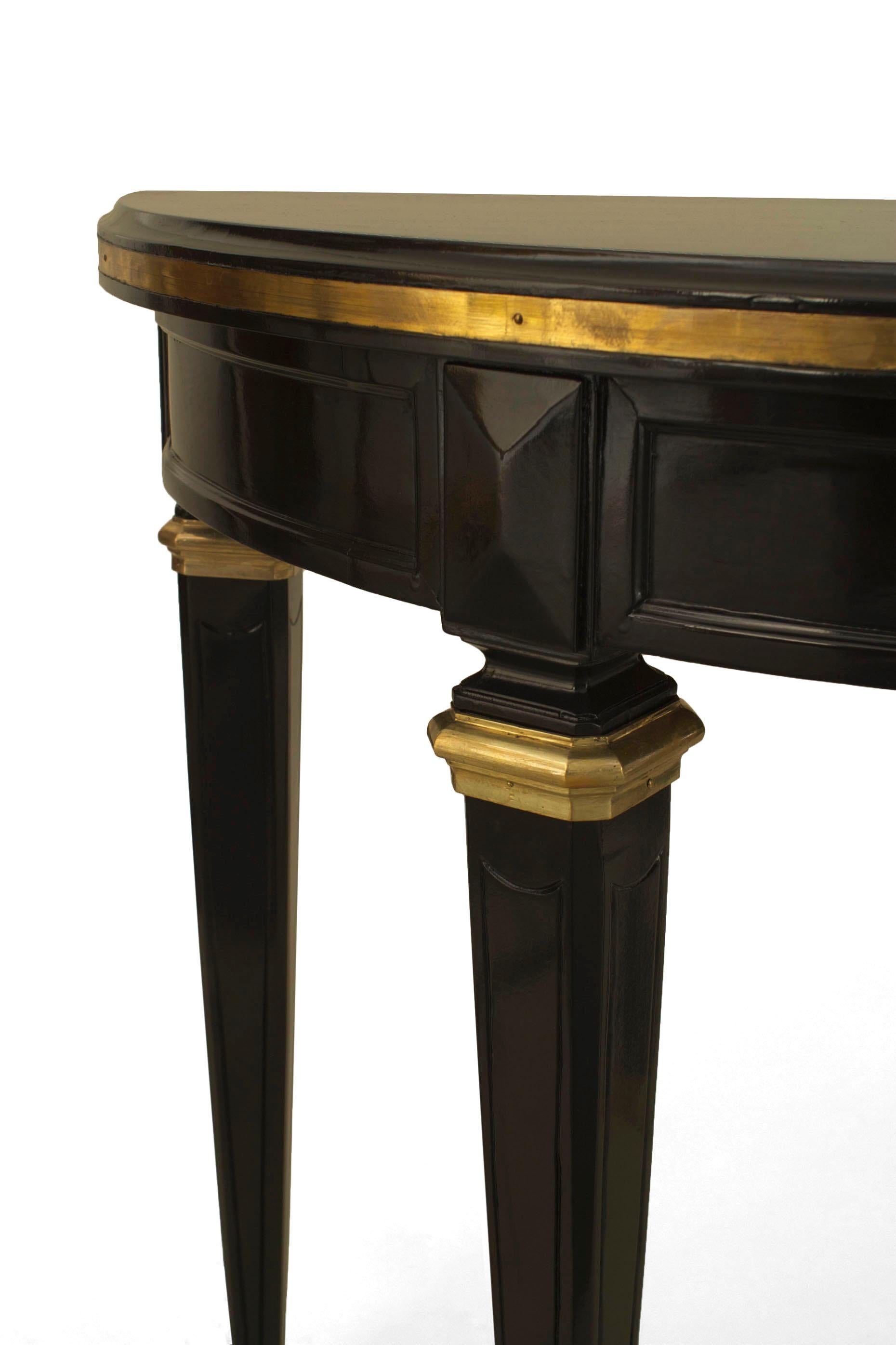 20th Century Pair of Jansen French Louis XVI Style Ebonized Demilune Console Tables For Sale