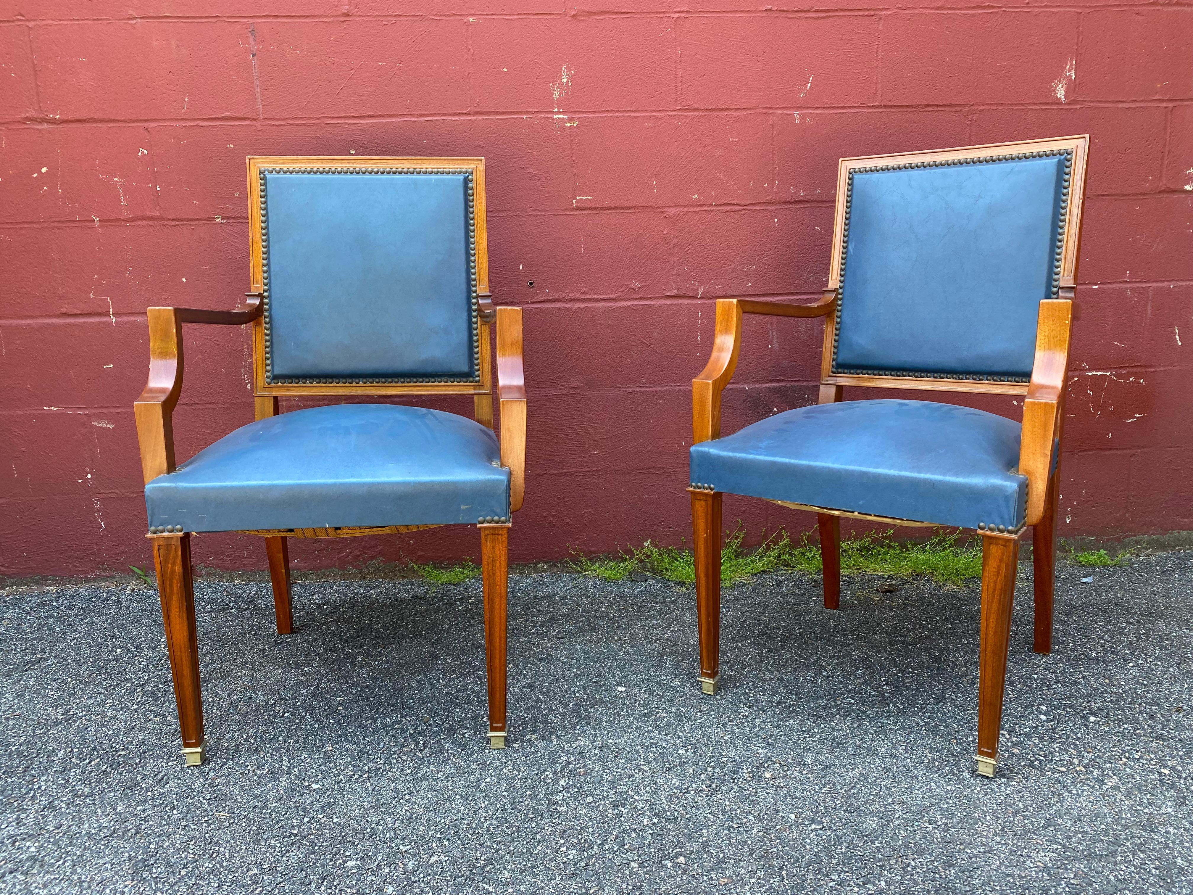 Pair of French 1940s Mahogany and Leather Armchairs For Sale 2