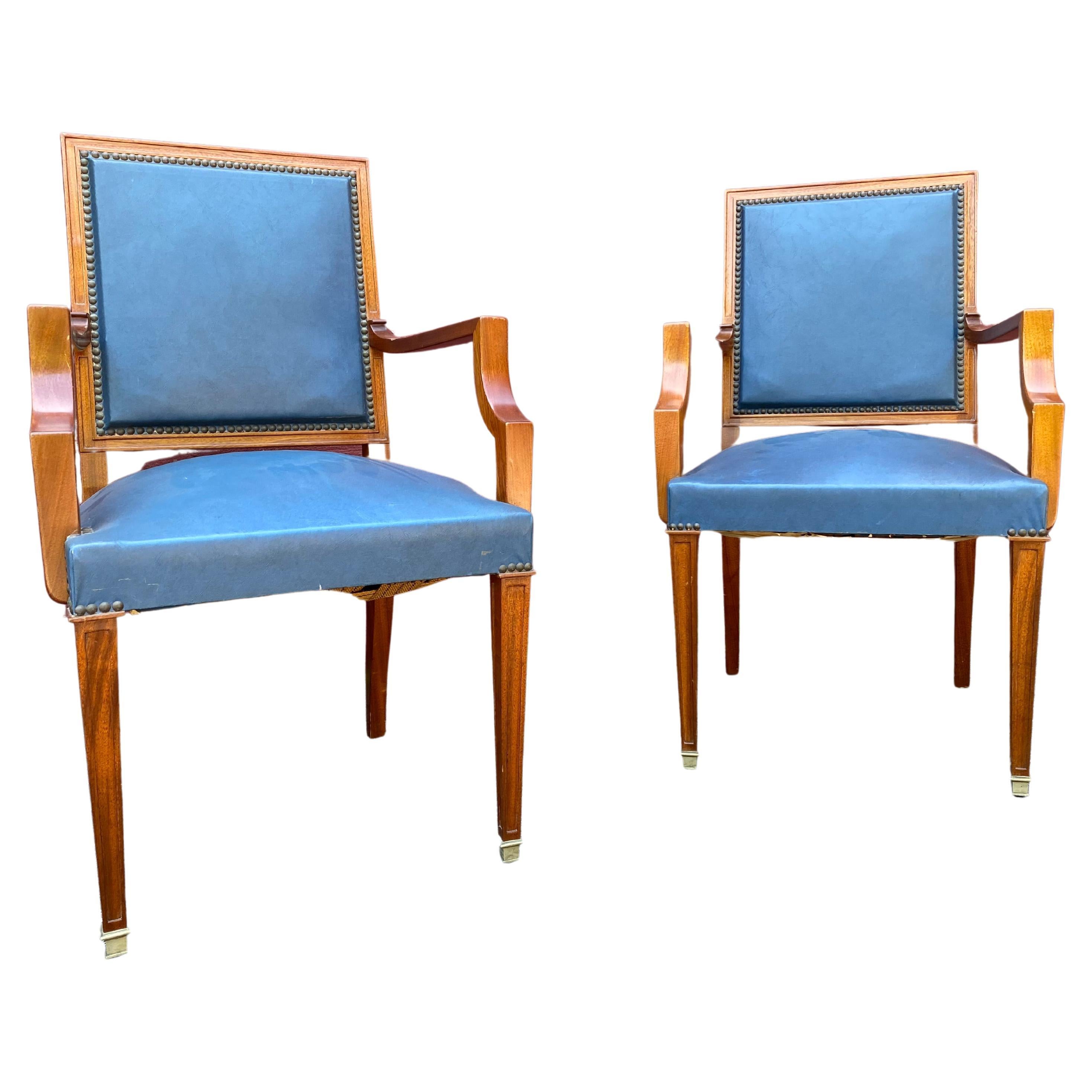 Pair of French 1940s Mahogany and Leather Armchairs For Sale