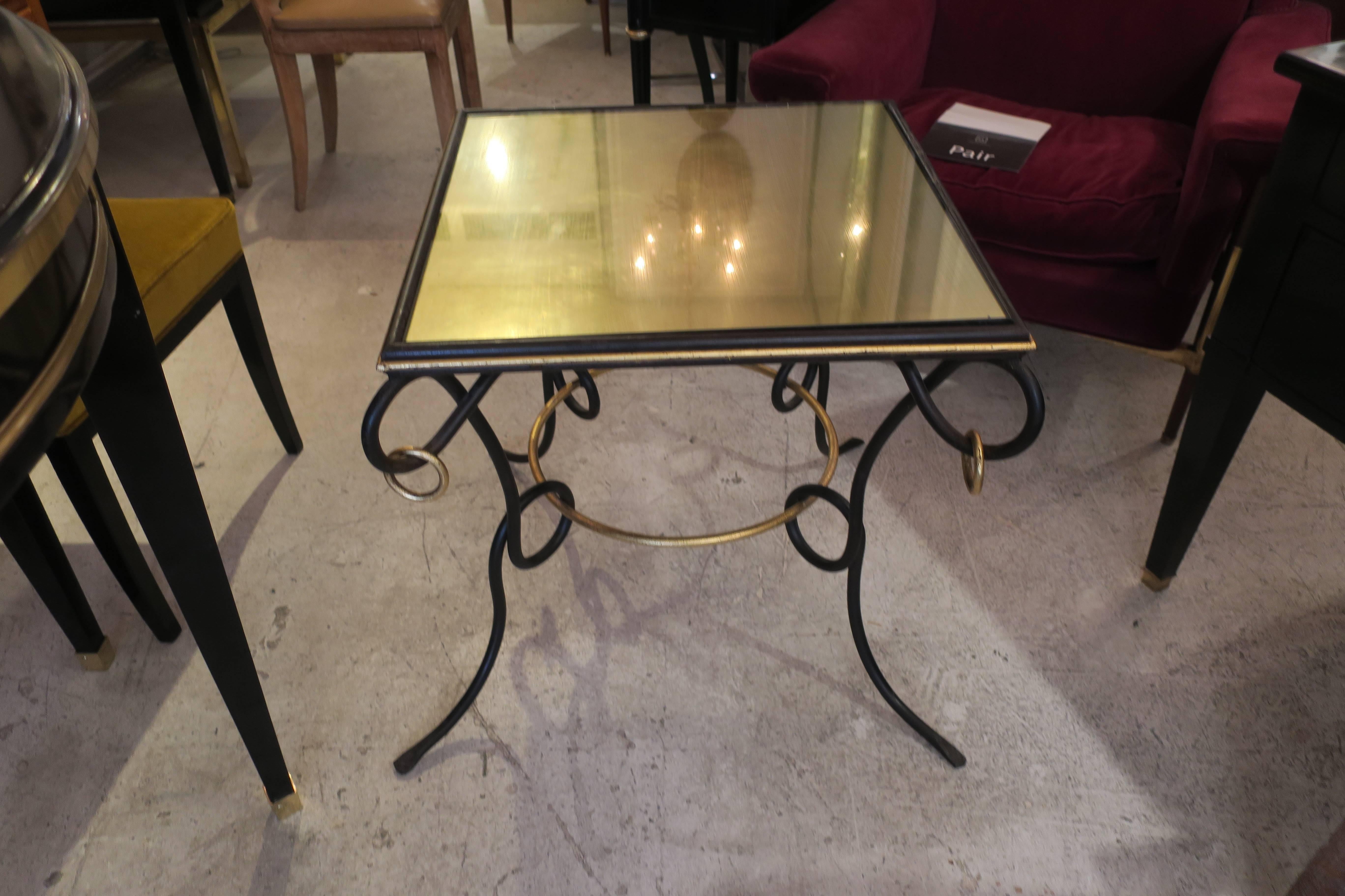 Modern Pair of French 1940s Painted and Gilt Iron Tables with Ring Decoration