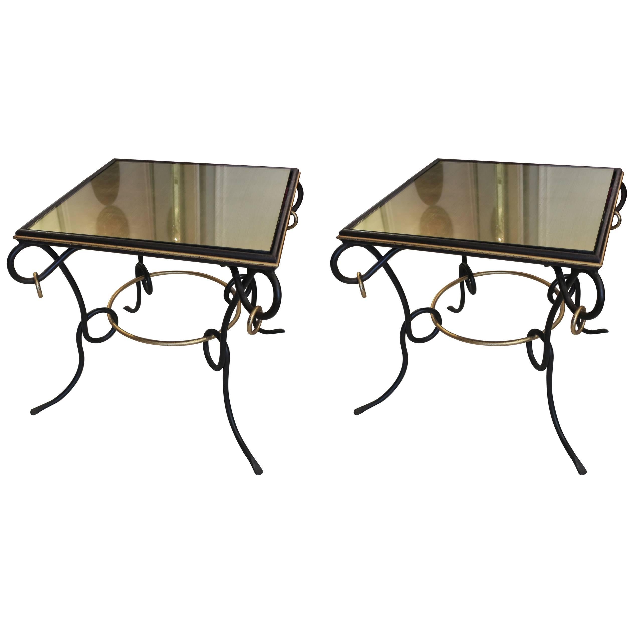 Pair of French 1940s Painted and Gilt Iron Tables with Ring Decoration