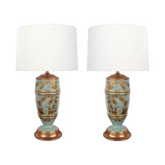 Pair of French 1940's Pale-Blue Opaline Glass Lamps with Gilt Decoration