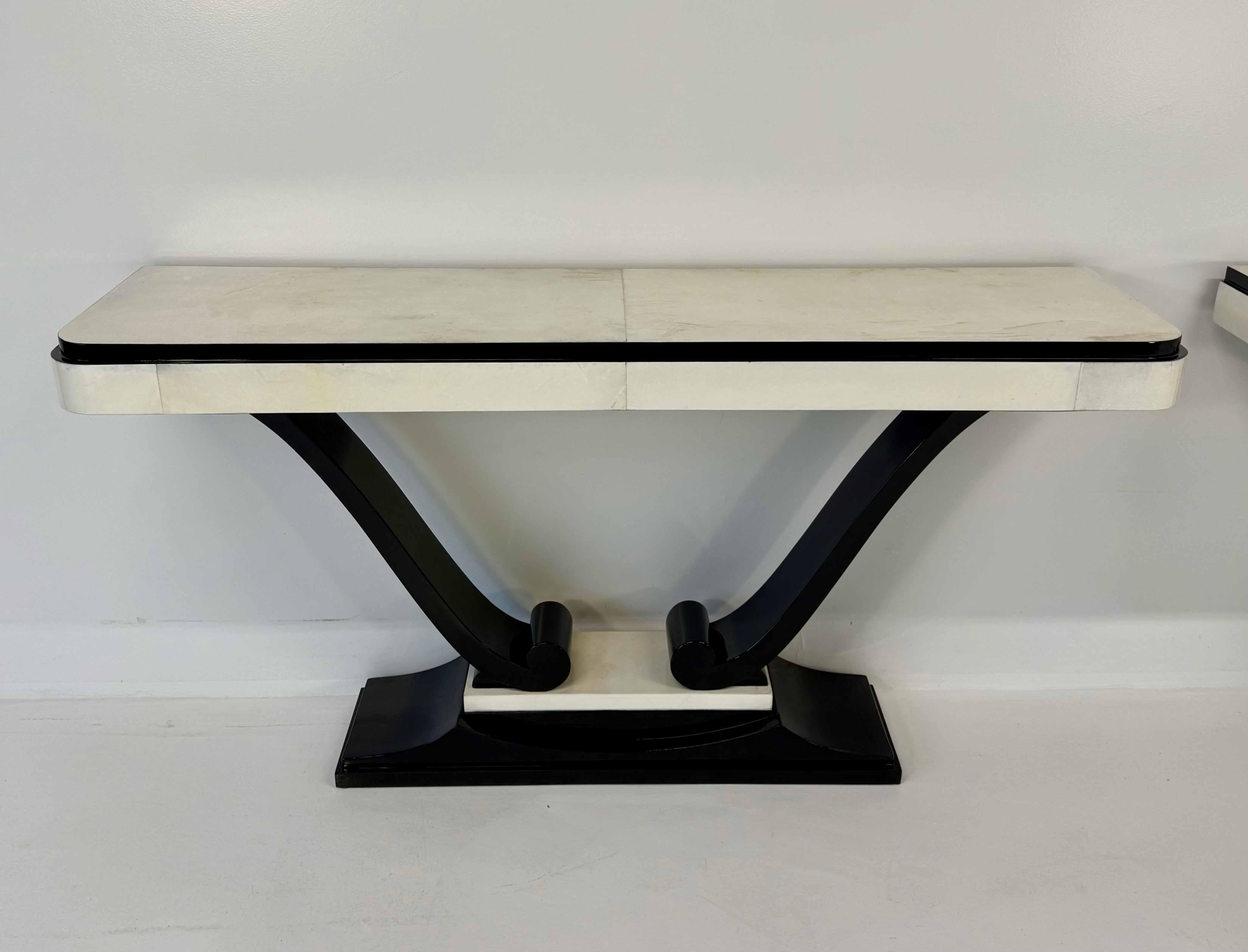 Art Deco Pair of French 1940s Parchment and Black Ebonized Consoles For Sale