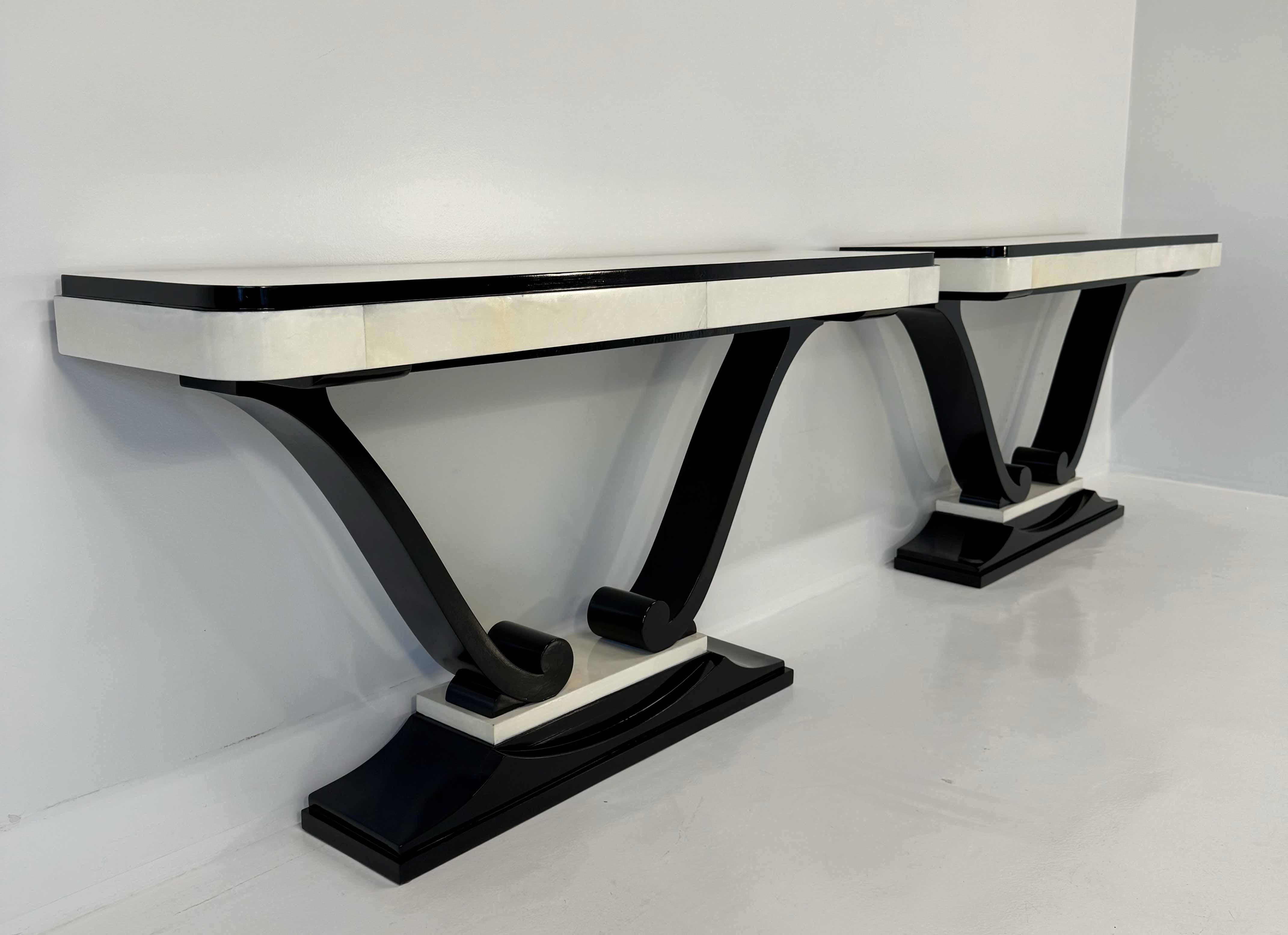 Parchment Paper Pair of French 1940s Parchment and Black Ebonized Consoles For Sale