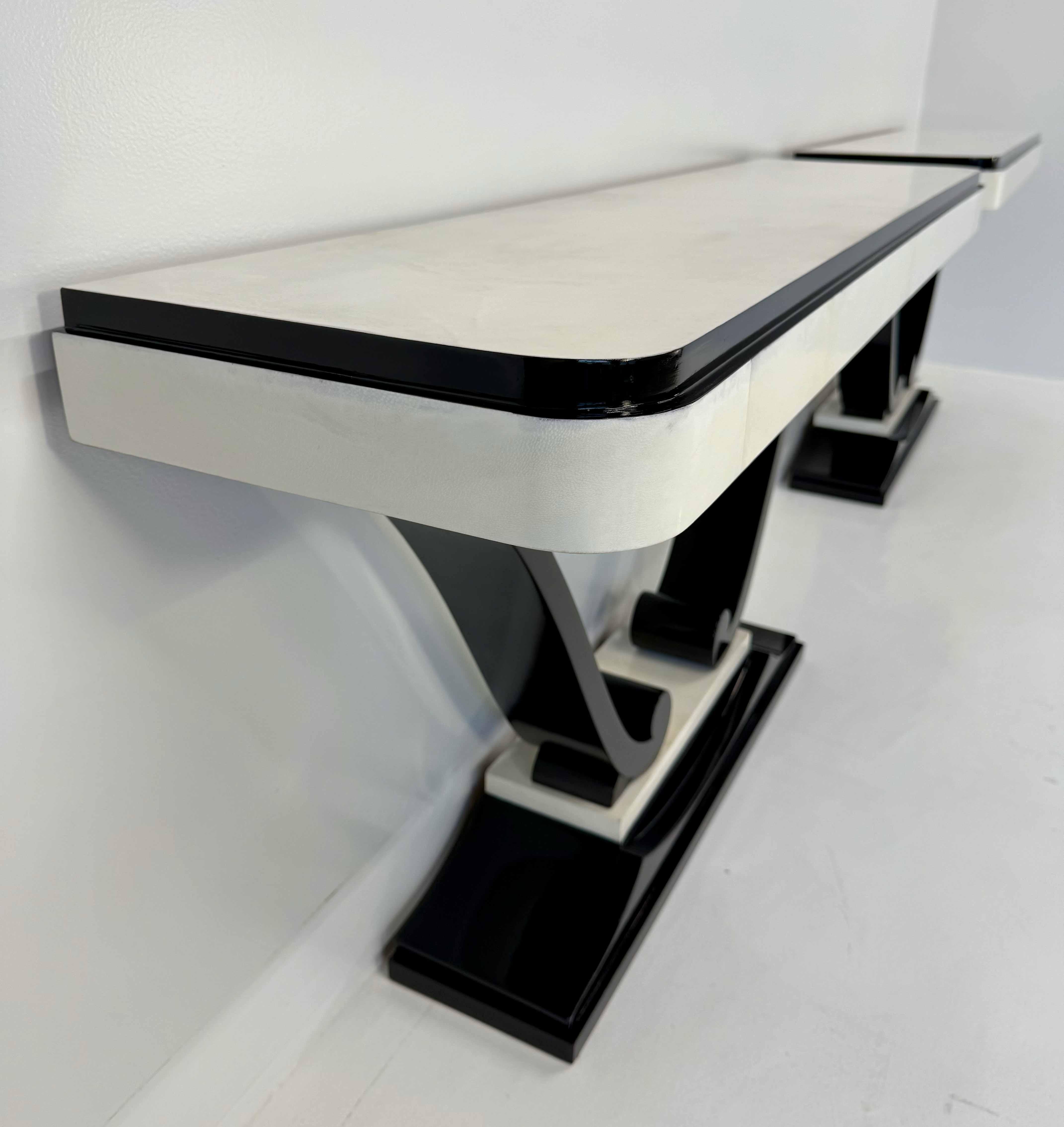 Pair of French 1940s Parchment and Black Ebonized Consoles For Sale 1