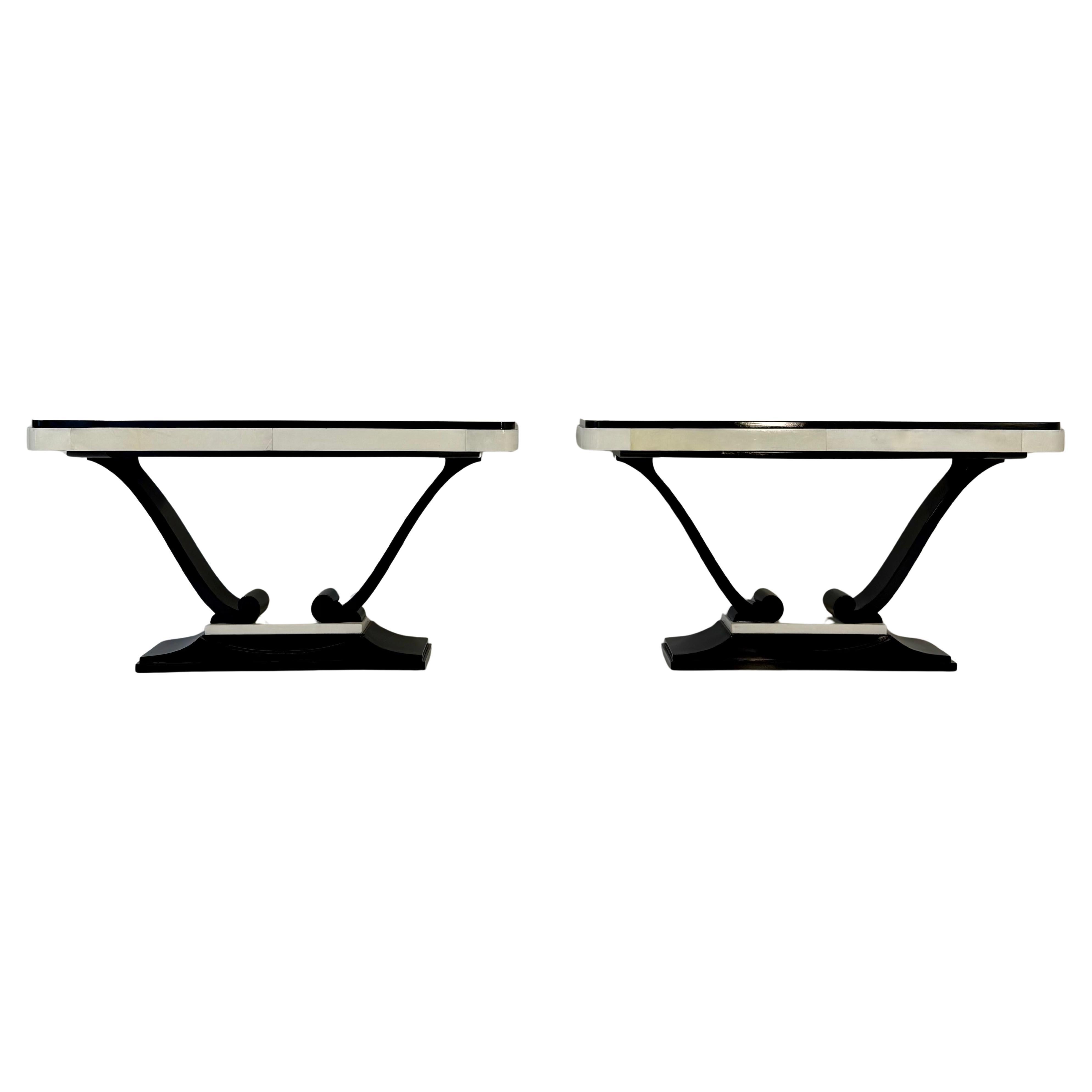 Pair of French 1940s Parchment and Black Ebonized Consoles For Sale
