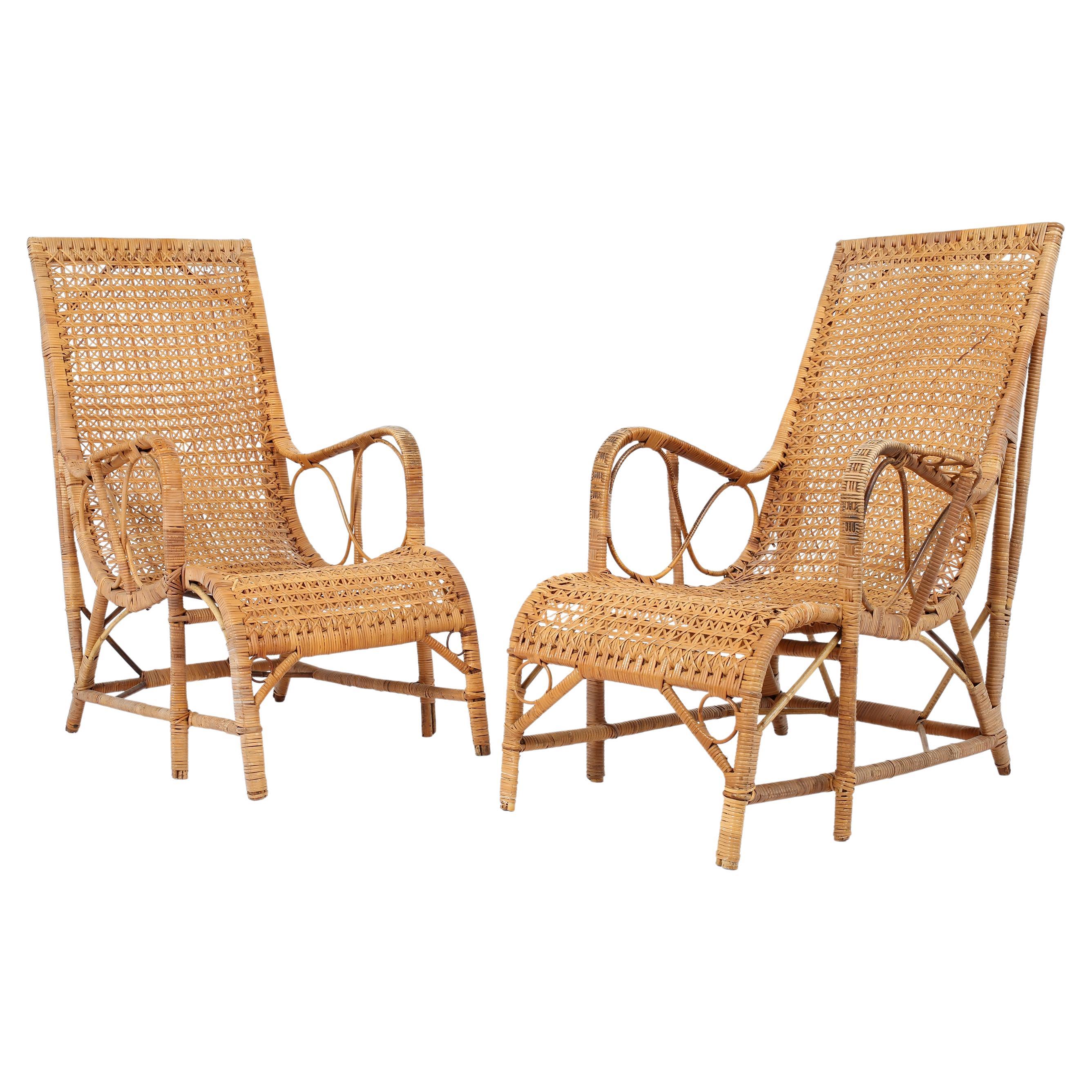 Pair of French 1940s Rattan Loungers