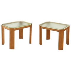 Pair of French 1940s Saint Gobain Glass and Wire Brushed Oak End Tables