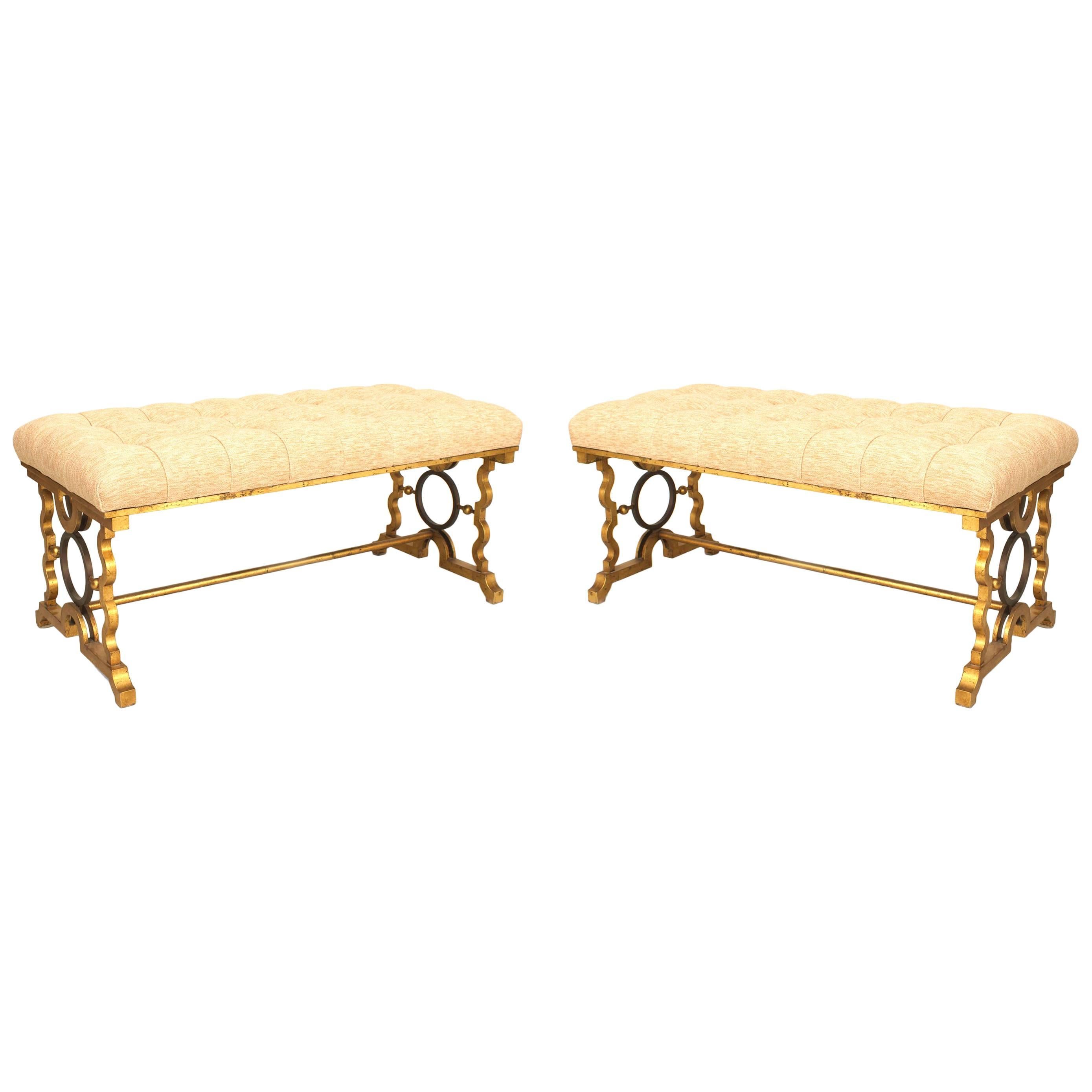 Pair of French Beige Suede Benches