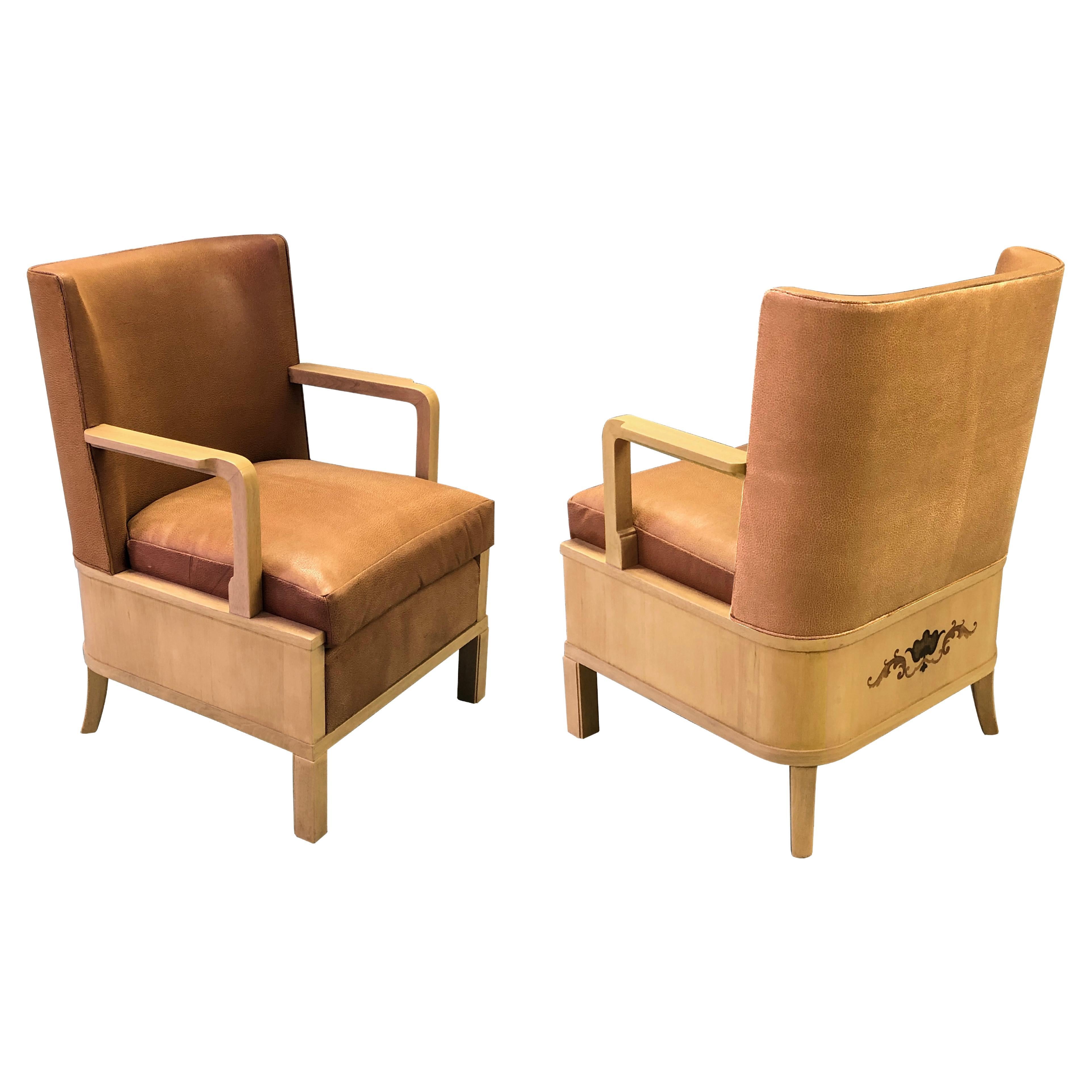 Pair of French 1940s Sycamore Marquetry Open Armchairs For Sale