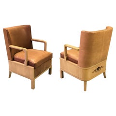 Pair of French 1940s Sycamore Marquetry Open Armchairs