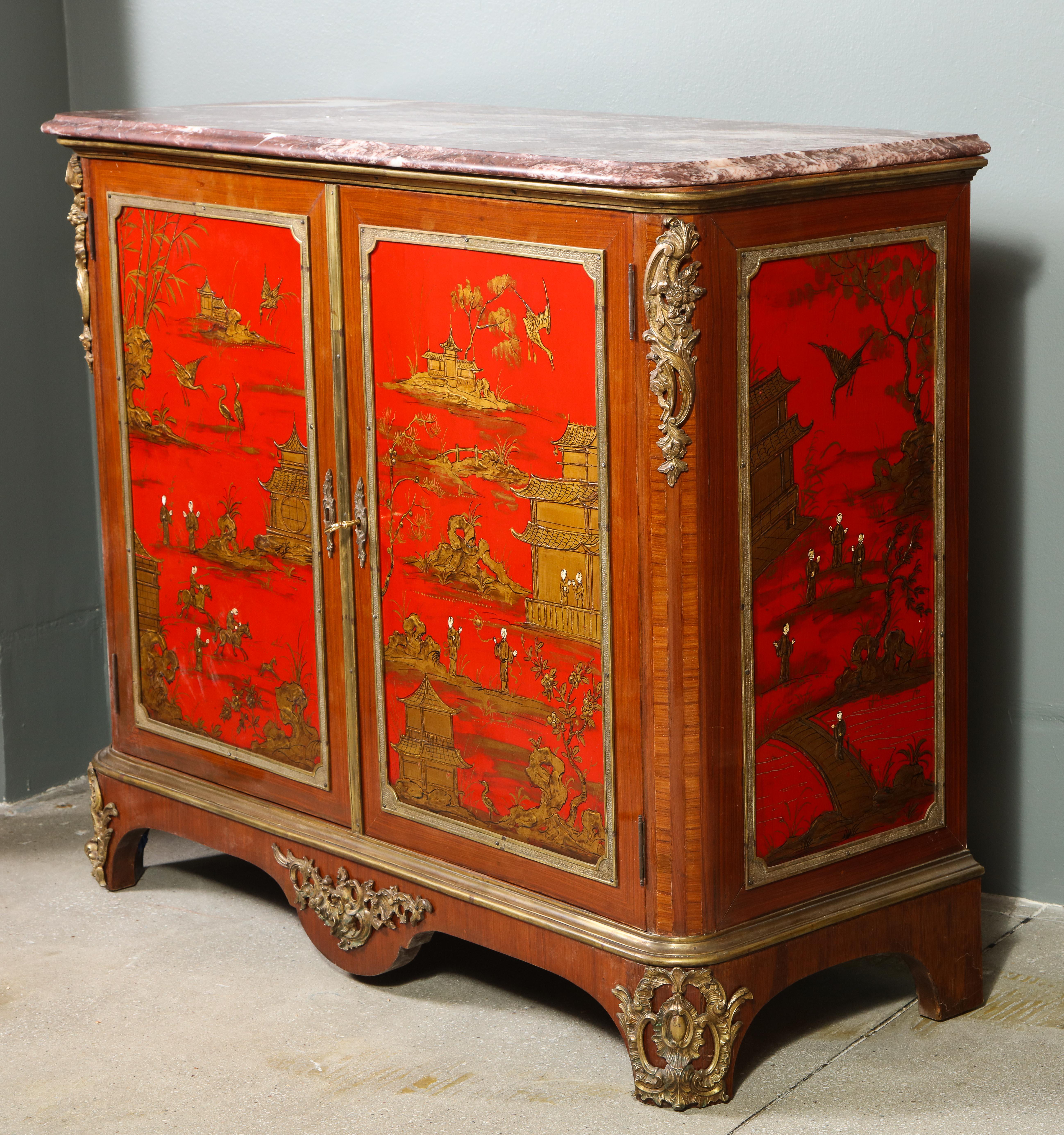 Pair of French 1940s Red Chinoiserie Cabinets with gilt bronze mounts For Sale 6