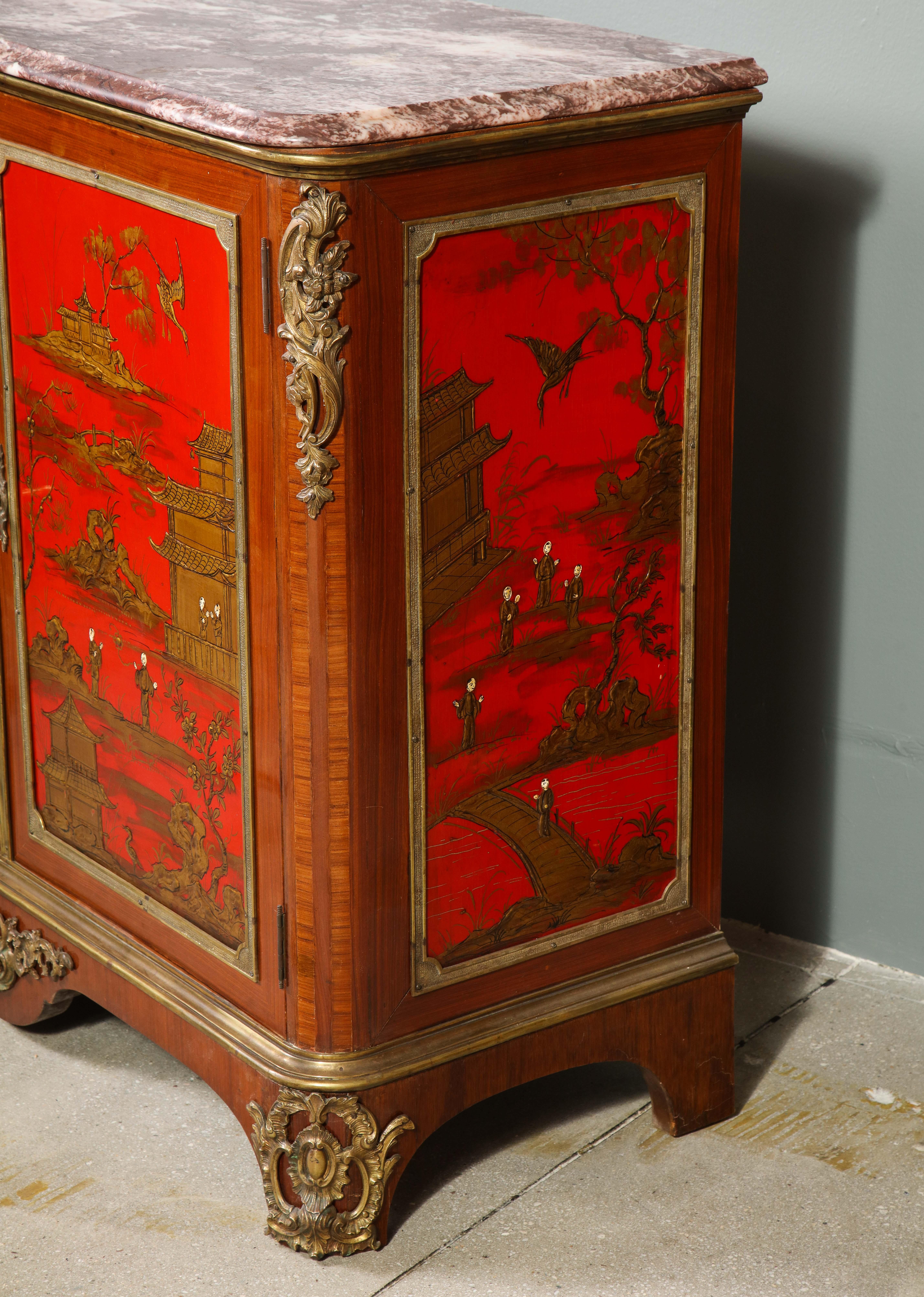 Pair of French 1940s Red Chinoiserie Cabinets with gilt bronze mounts For Sale 7