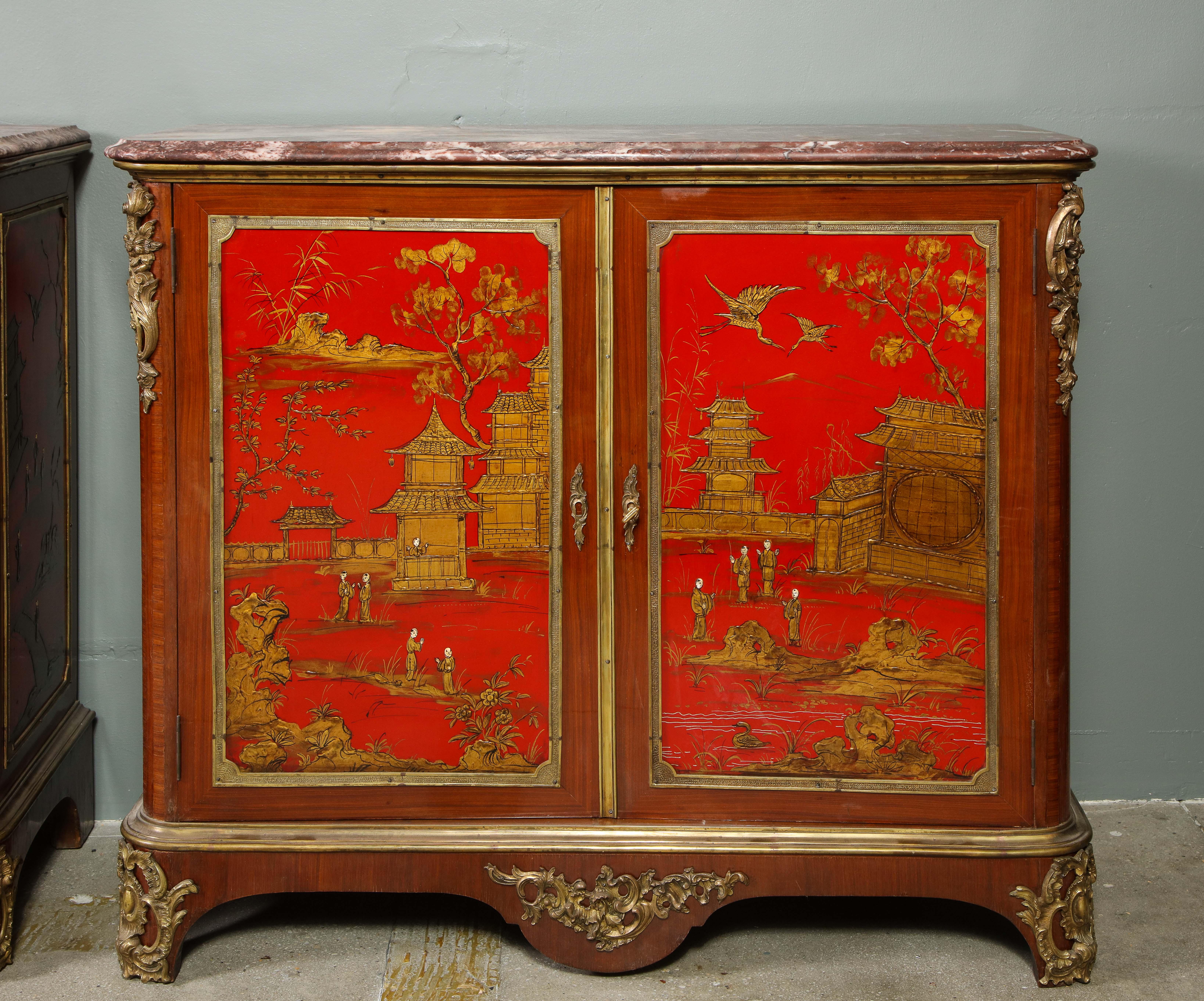 Pair of French 1940s Red Chinoiserie Cabinets with gilt bronze mounts For Sale 8