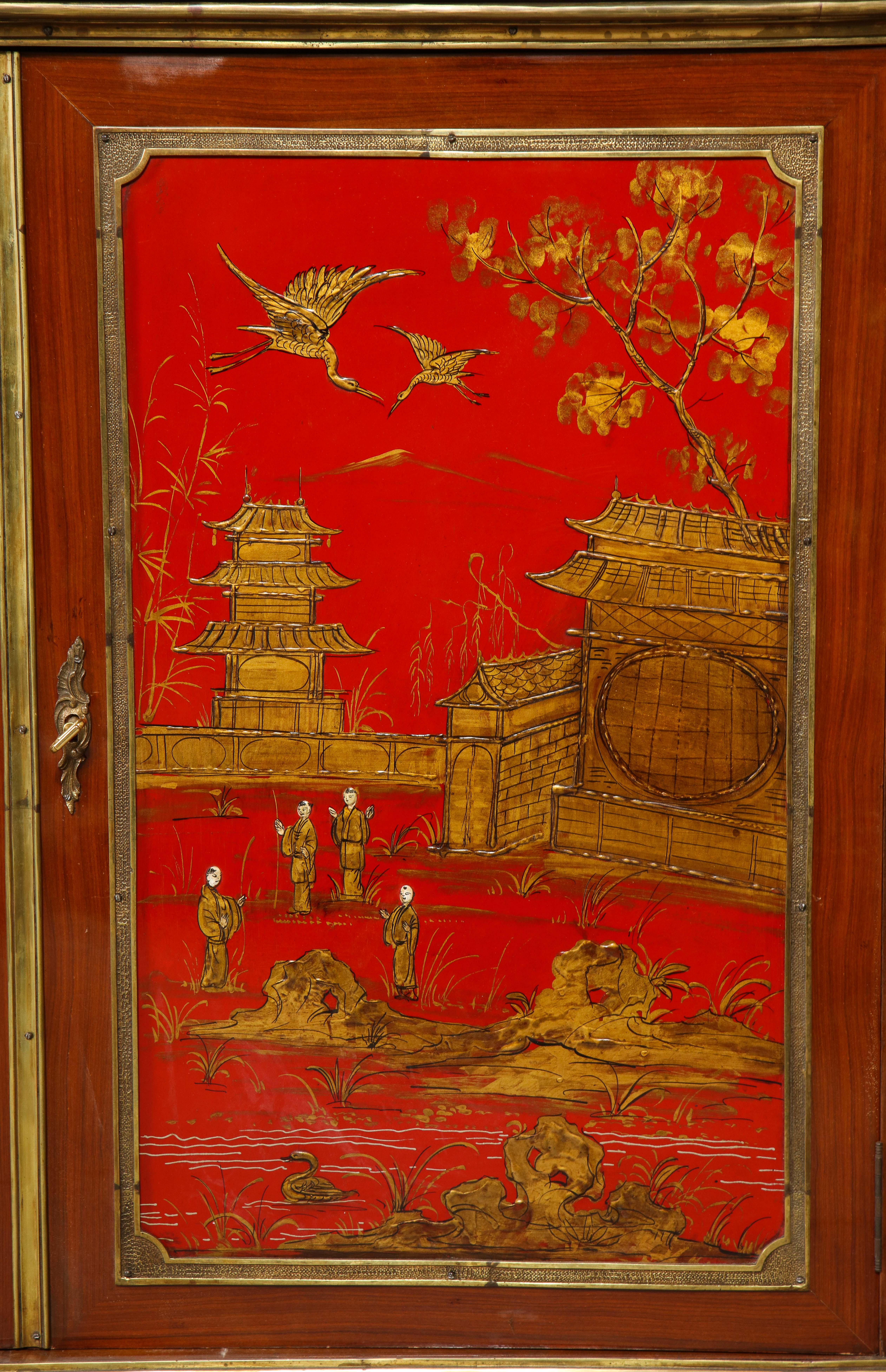 Pair of French 1940s Red Chinoiserie Cabinets with gilt bronze mounts For Sale 10