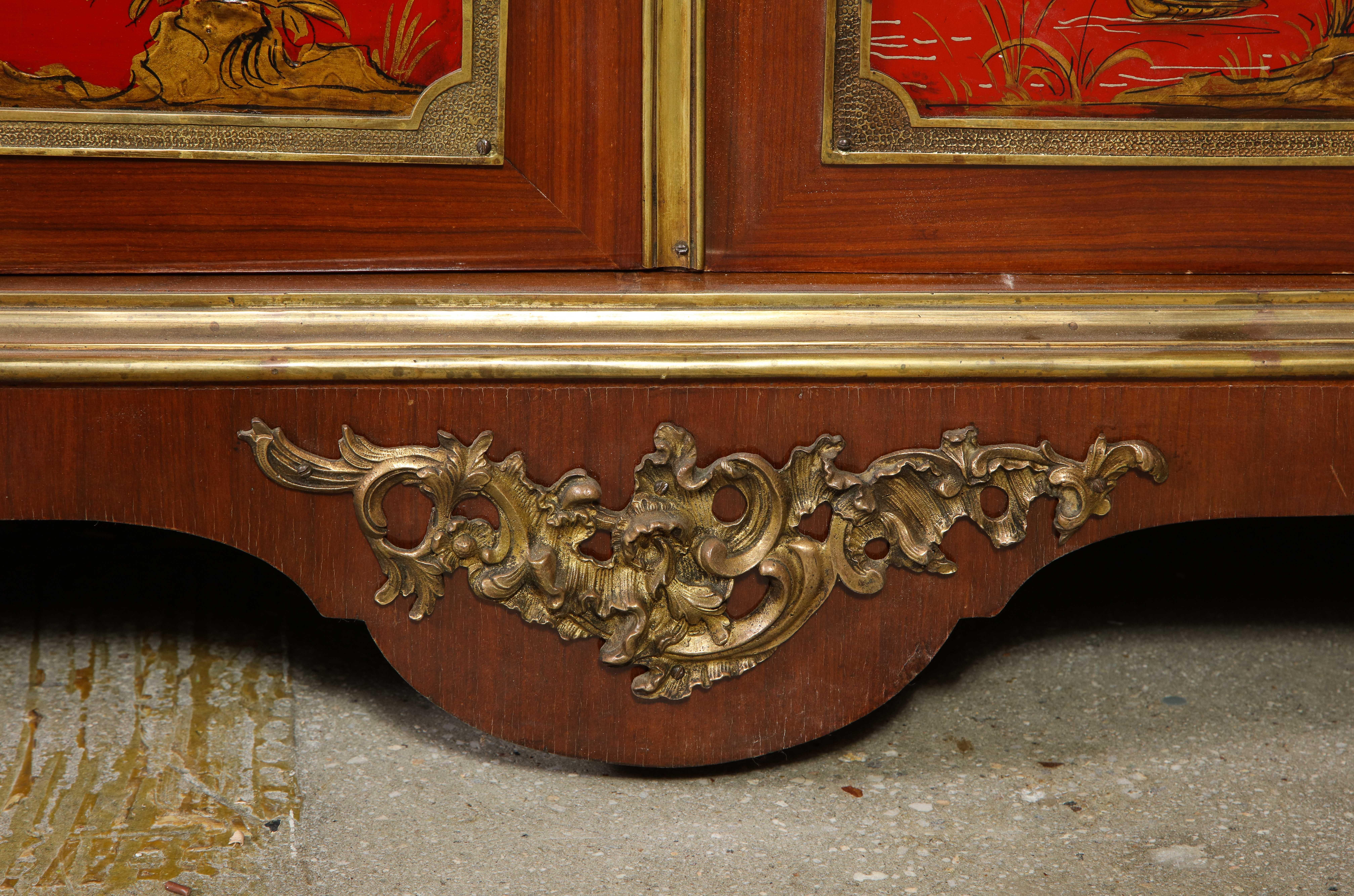 Pair of French 1940s Red Chinoiserie Cabinets with gilt bronze mounts For Sale 11