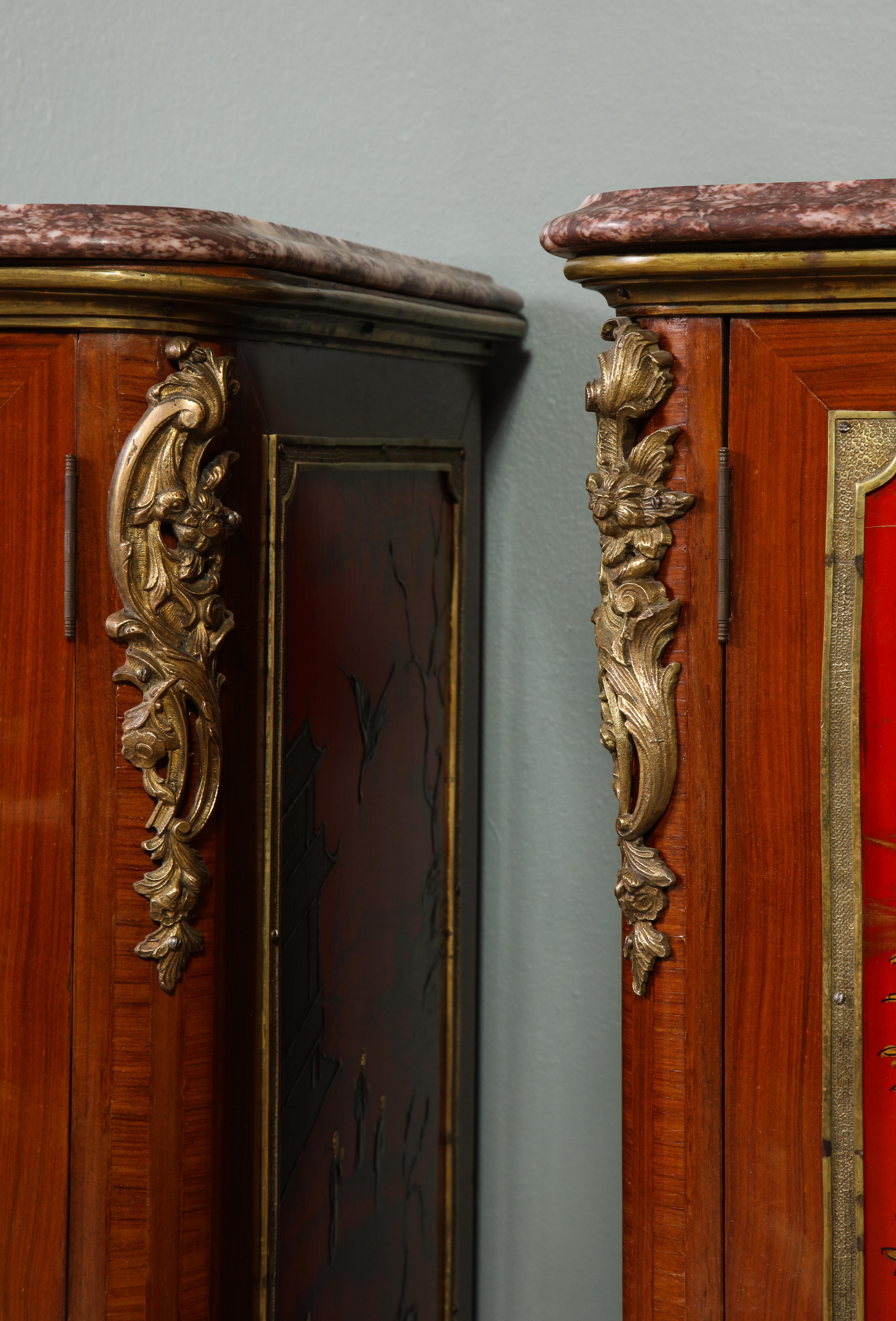 Pair of French 1940s Red Chinoiserie Cabinets with gilt bronze mounts For Sale 13