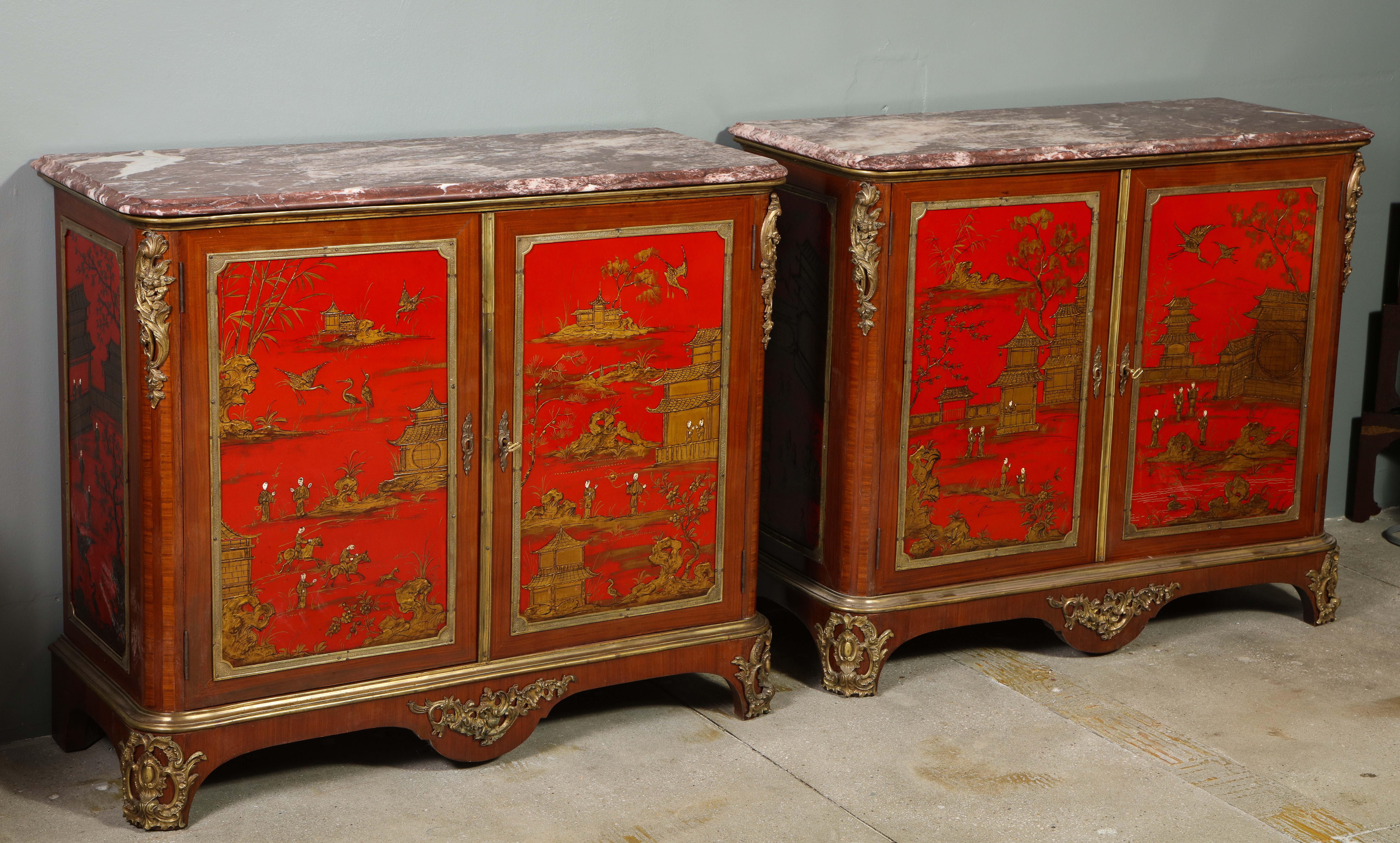Pair of French 1940s Red Chinoiserie Cabinets with gilt bronze mounts For Sale 14