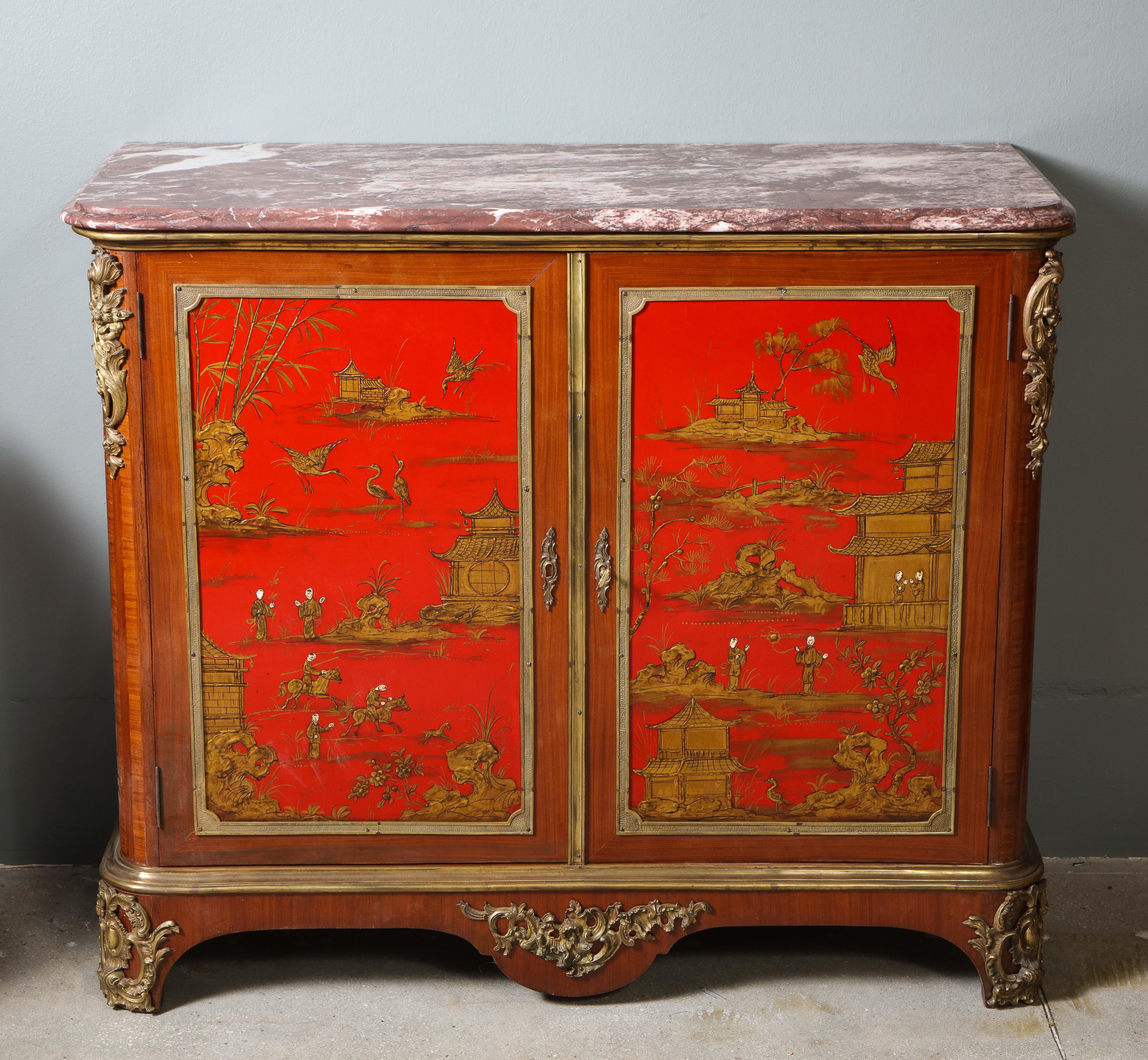 Art Deco Pair of French 1940s Red Chinoiserie Cabinets with gilt bronze mounts For Sale