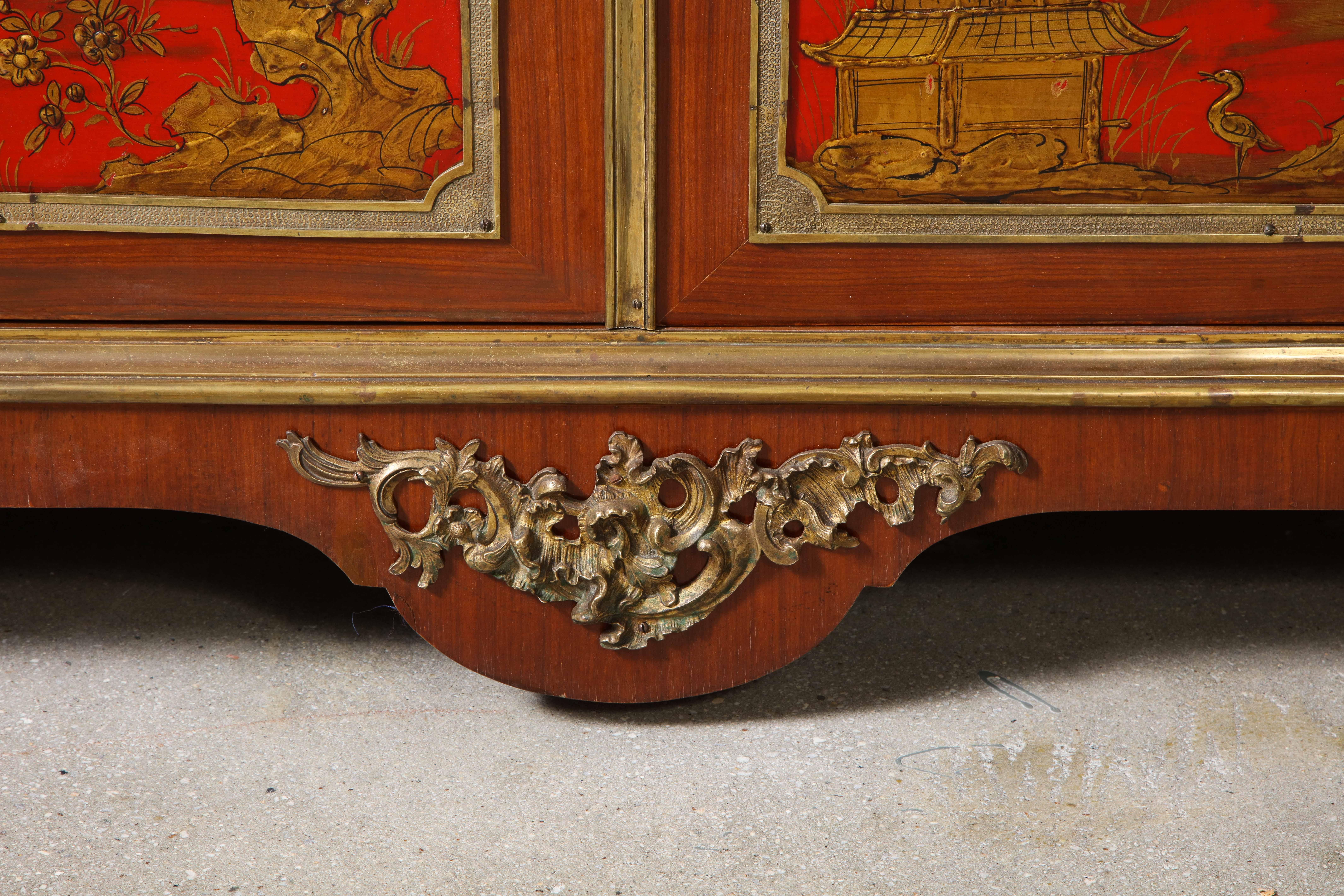 Pair of French 1940s Red Chinoiserie Cabinets with gilt bronze mounts In Good Condition For Sale In New York, NY