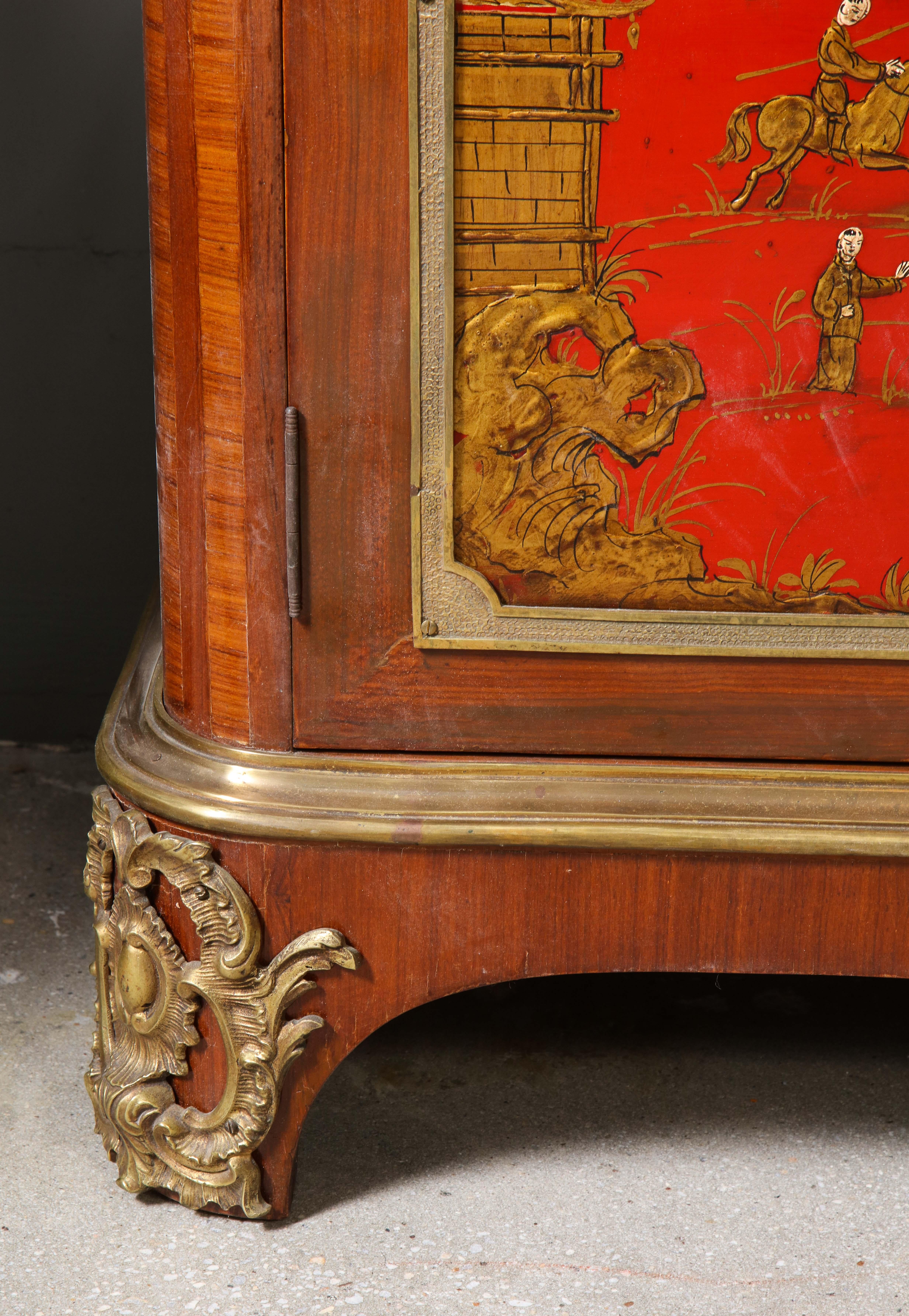 Mid-20th Century Pair of French 1940s Red Chinoiserie Cabinets with gilt bronze mounts For Sale
