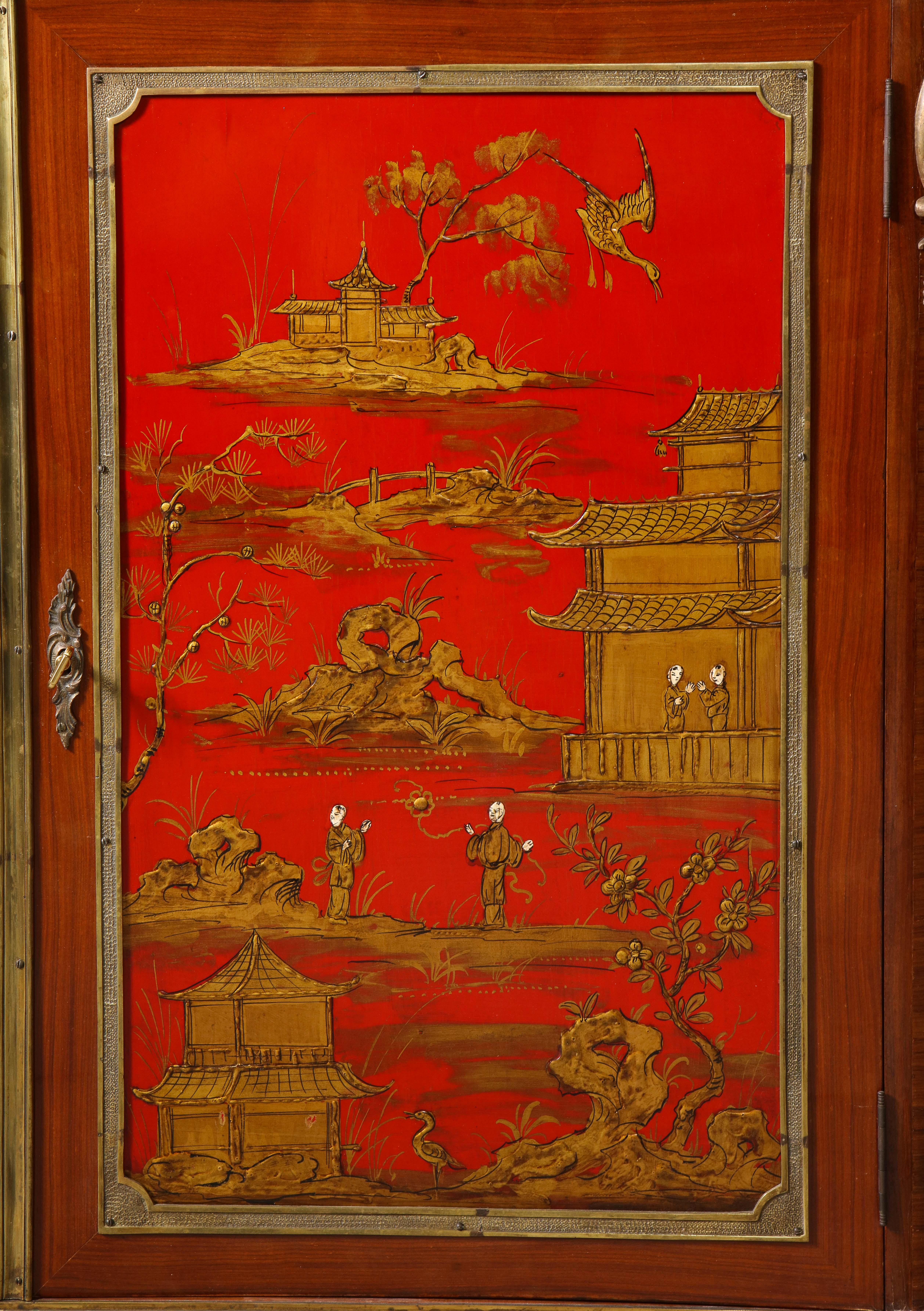 Pair of French 1940s Red Chinoiserie Cabinets with gilt bronze mounts For Sale 1