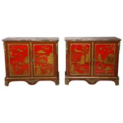 Vintage Pair of French 1940s Red Chinoiserie Cabinets with gilt bronze mounts