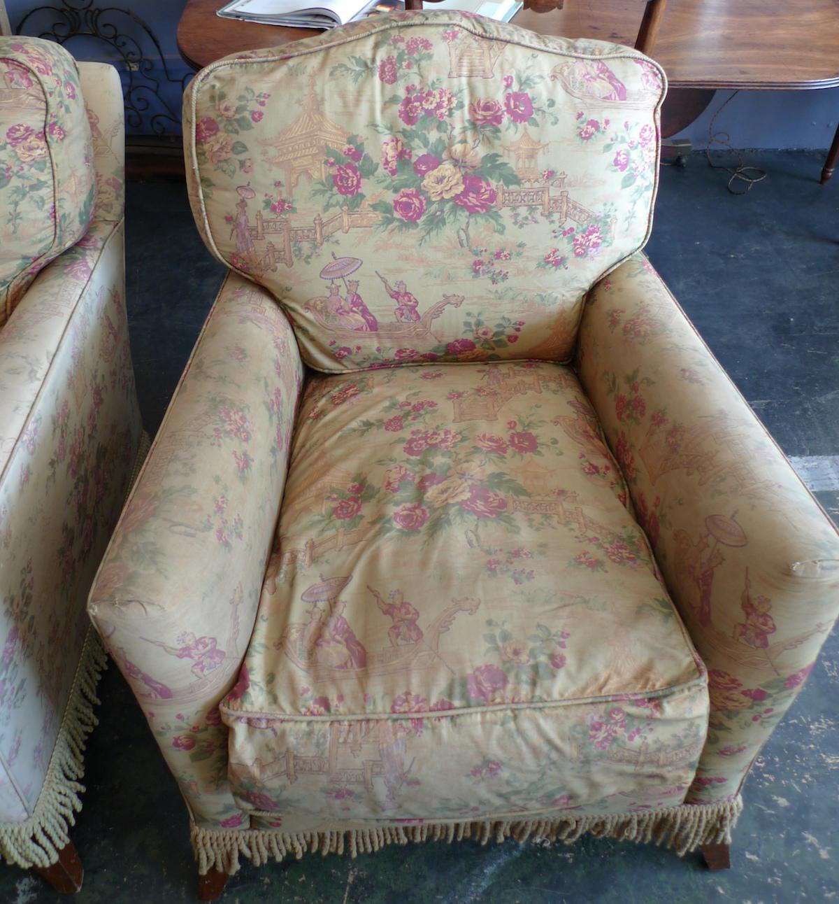 Pair of French 1940s walnut club armchairs with a seat cushion. Price includes reupholstery with customers fabric.