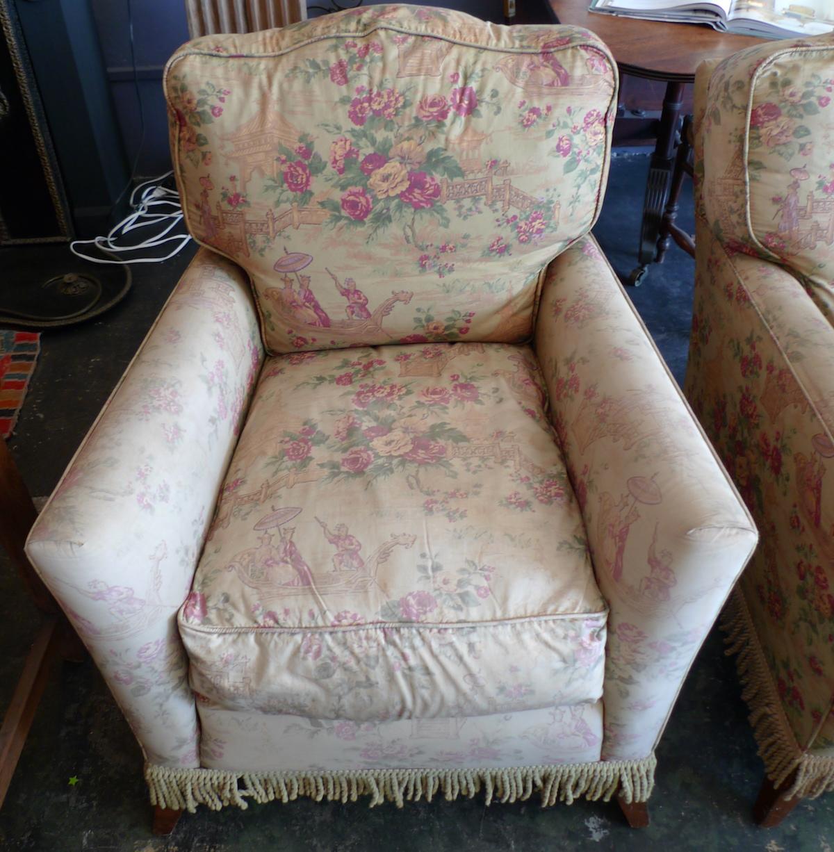 Stained Pair of French 1940s Walnut Club Armchairs with a Seat Cushion and Reupholstery
