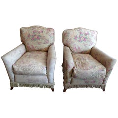 Pair of French 1940s Walnut Club Armchairs with a Seat Cushion and Reupholstery