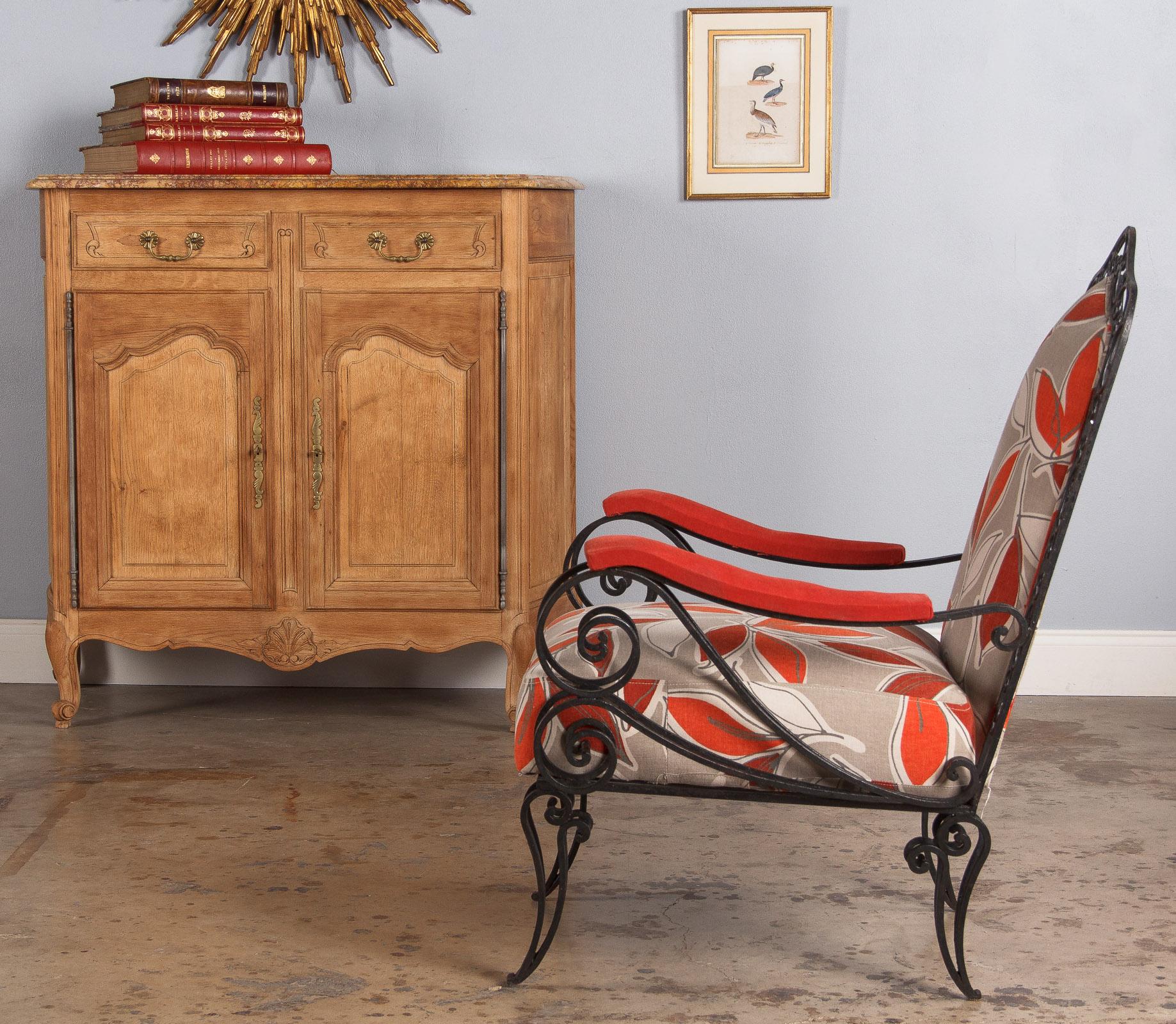Pair of French Wrought Iron Armchairs with Red Leaf Upholstery, 1940s 6