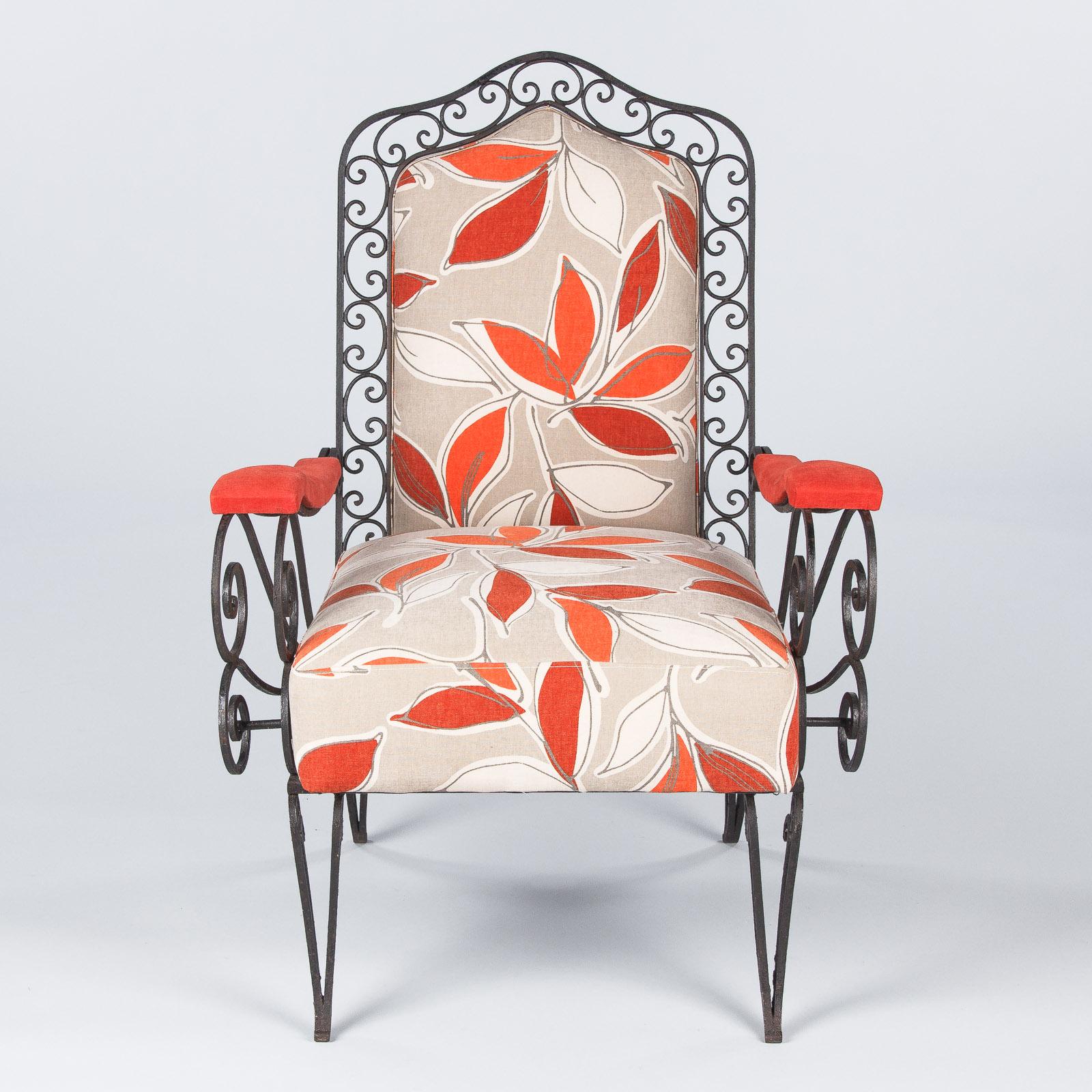 Pair of French Wrought Iron Armchairs with Red Leaf Upholstery, 1940s 8