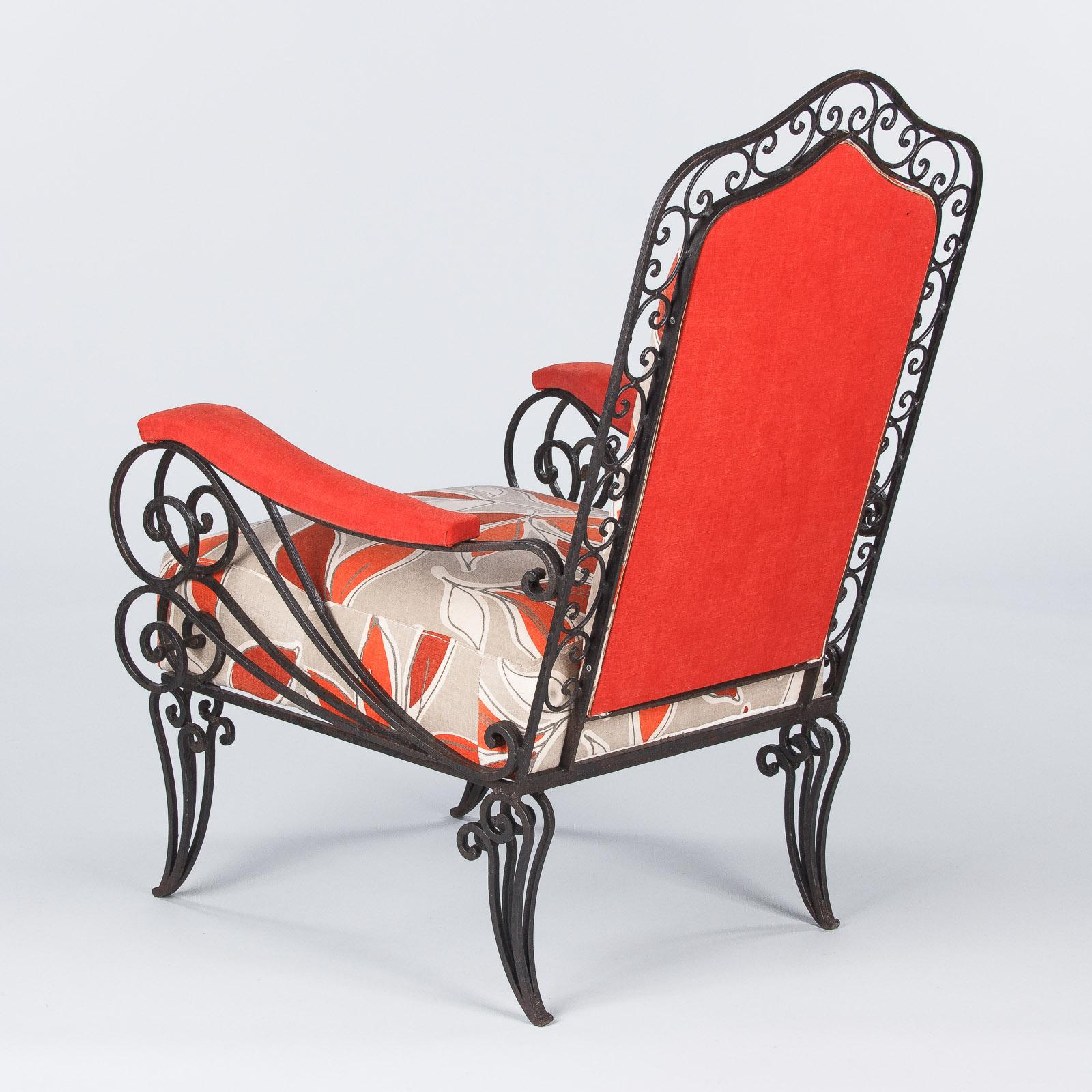 Pair of French Wrought Iron Armchairs with Red Leaf Upholstery, 1940s 15