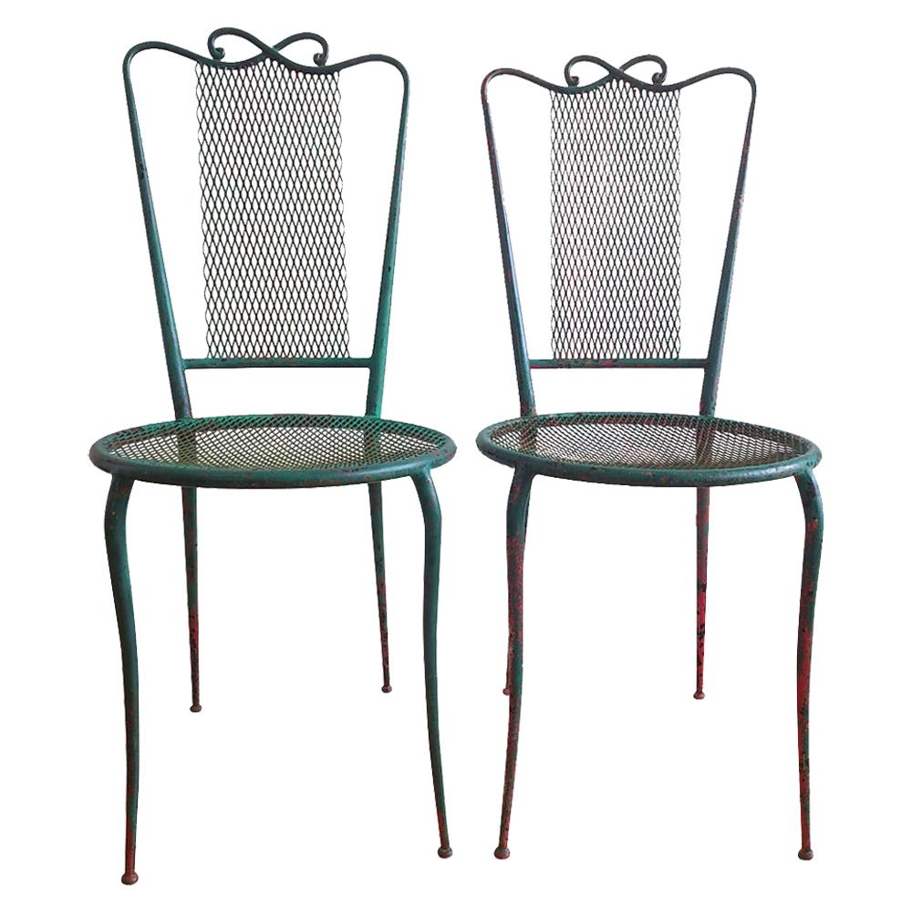 Pair of French 1950 Wrought Green Iron Chairs in the Style of René Prou