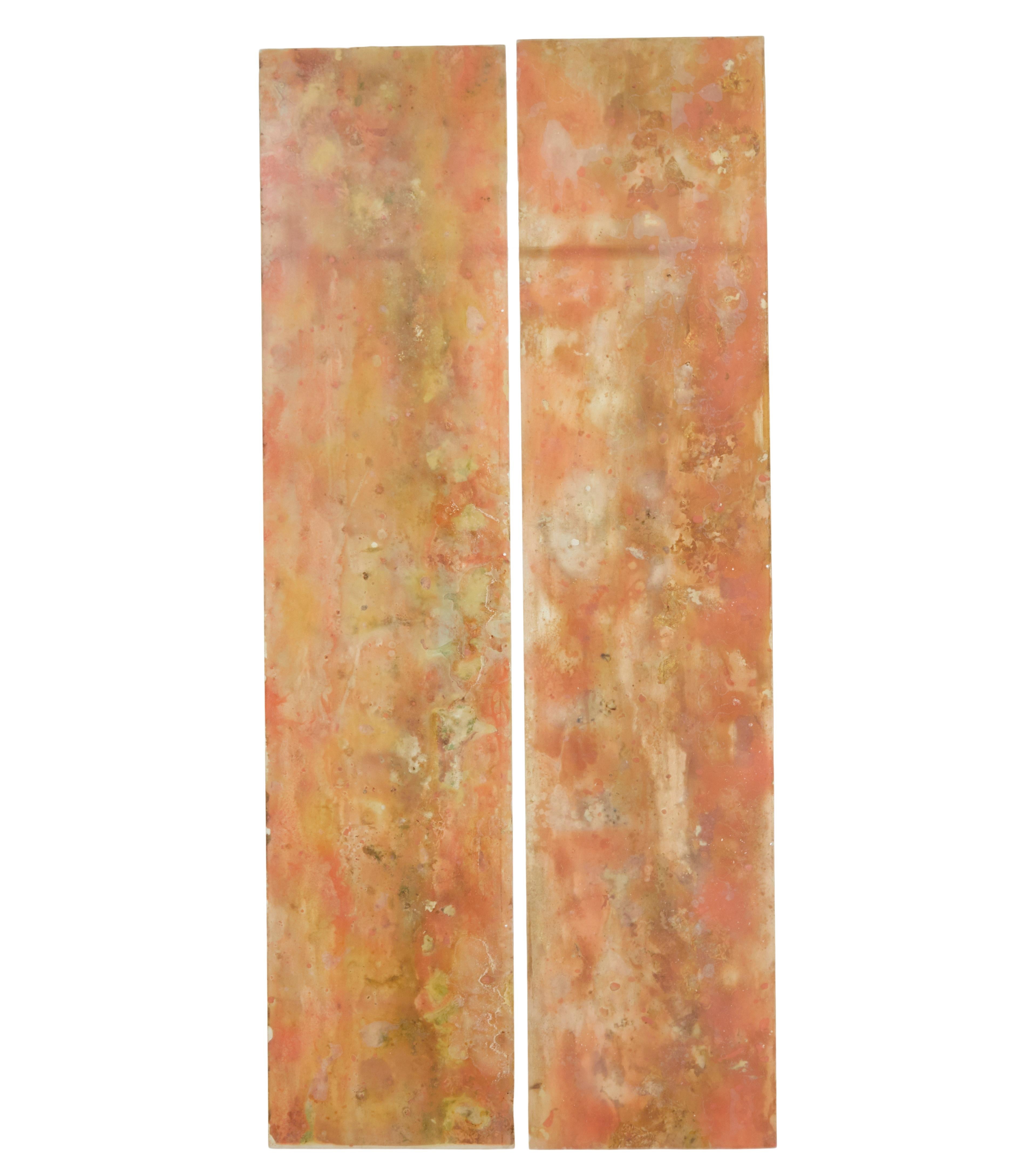 Pair of french 1950's abstract acrylic panels.

Screens are made from browns, oranges, yellows and greens with gold leaf in places.

They have been photographed with front light, front light with a black back drop behind, and then lit from behind.