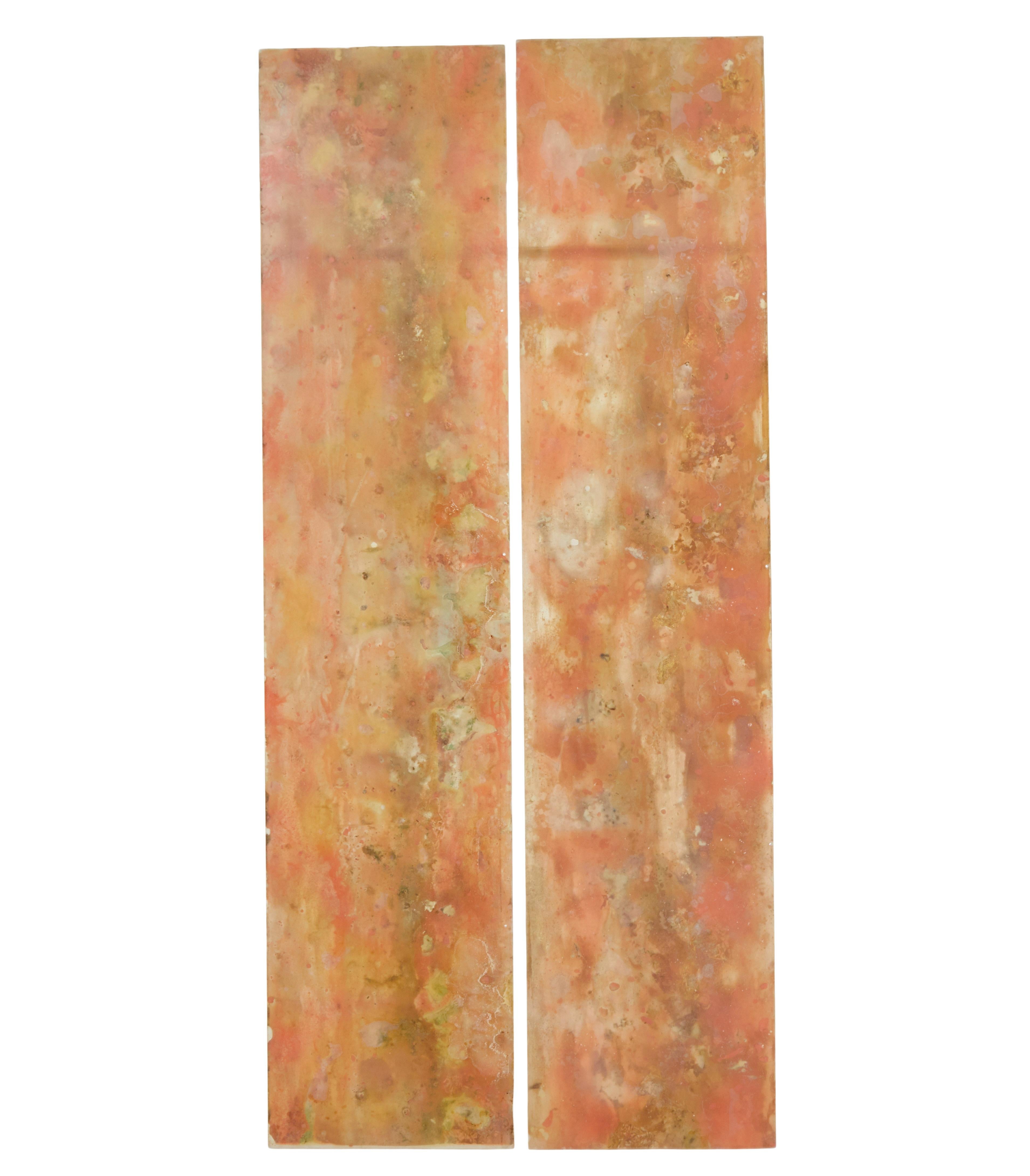 Pair of French 1950's abstract acrylic panels.

Screens are made from browns, oranges, yellows and greens with gold leaf in places.

They have been photographed with front light, front light with a black back drop behind, and then lit from behind.