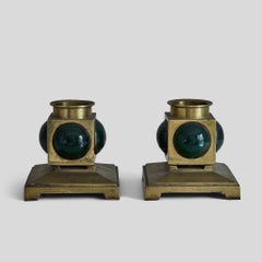 Pair of French 1950s Brass and Colored Glass Candlesticks
