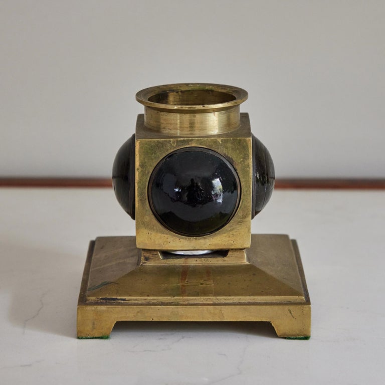 Pair of French 1950s Brass and Colored Glass Candlesticks at 1stDibs