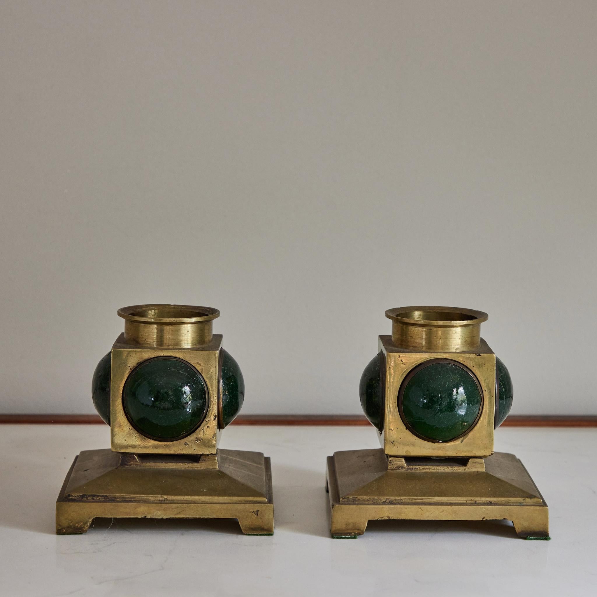 Pair of French 1950s Brass and Colored Glass Candlesticks 1