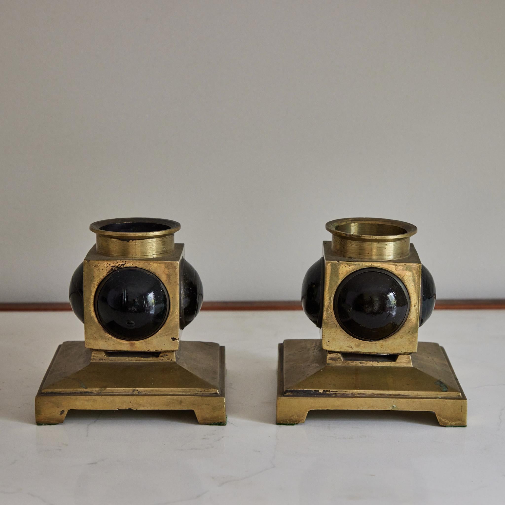 Pair of French 1950s Brass and Colored Glass Candlesticks 2