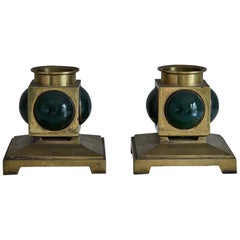 Vintage Pair of French 1950s Brass and Colored Glass Candlesticks