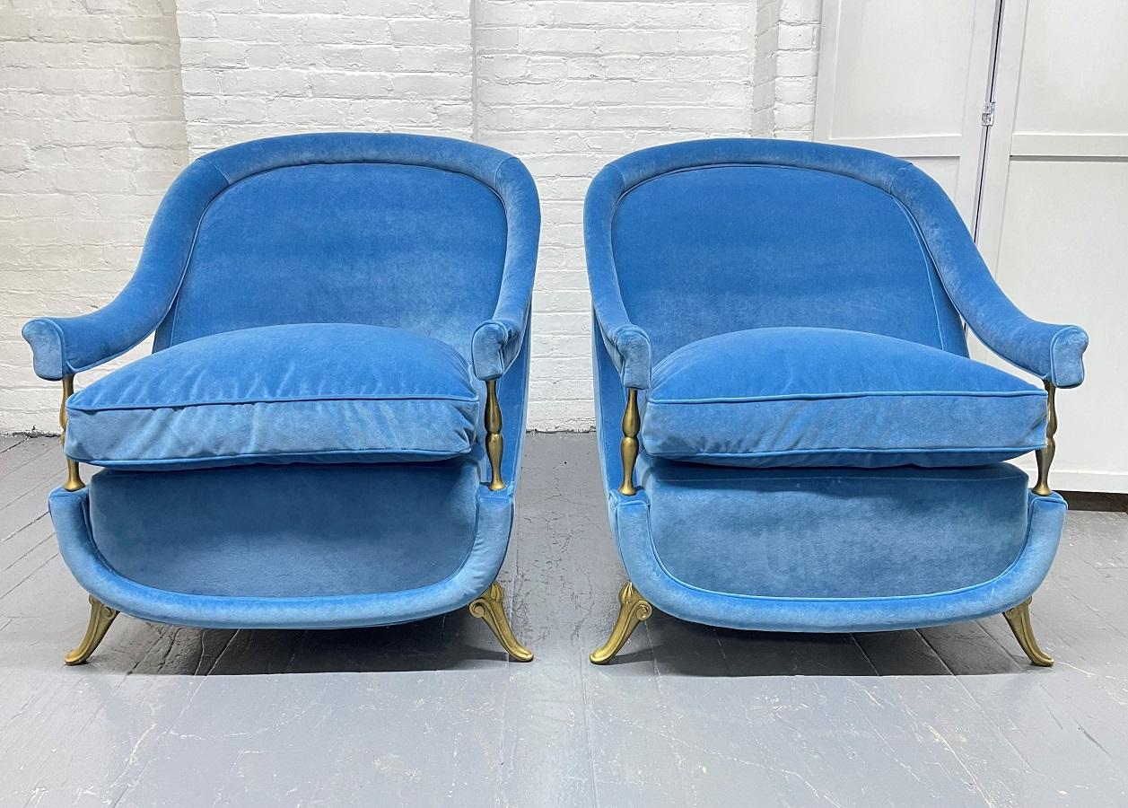 Pair of French 1950s Brass and Velvet Lounge Chairs In Good Condition For Sale In New York, NY