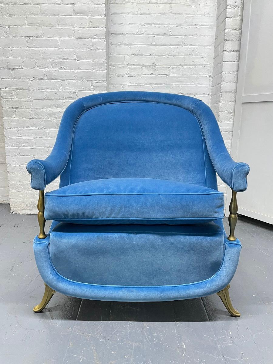 Mid-20th Century Pair of French 1950s Brass and Velvet Lounge Chairs For Sale